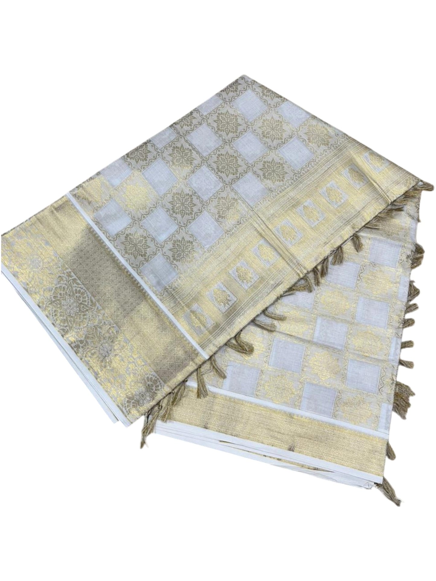 Southloom Pure Cotton Kerala Kasavu Heavy Work Saree with Floral Woven Design on Body and Temple Border SL485