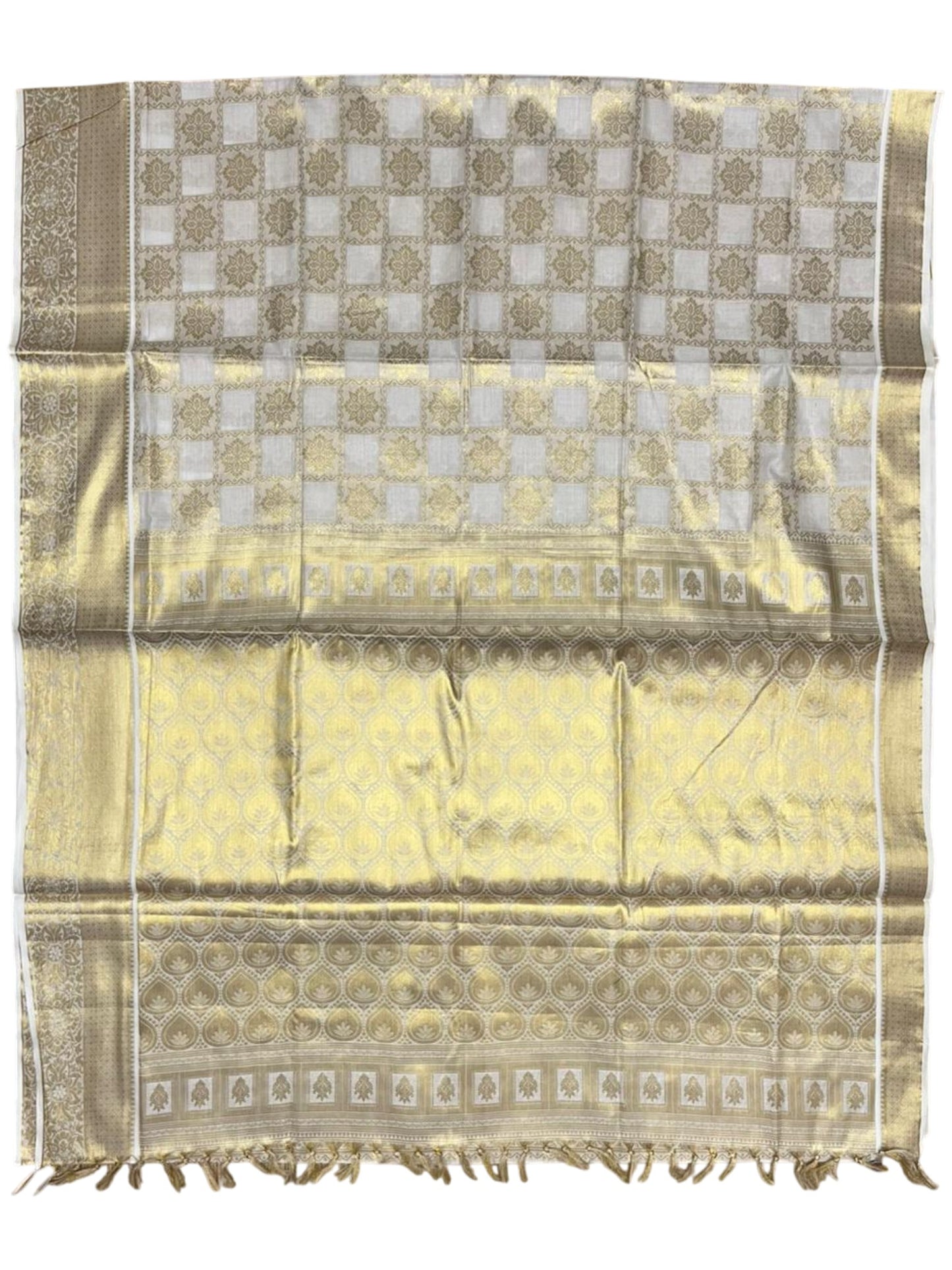 Southloom Pure Cotton Kerala Kasavu Heavy Work Saree with Floral Woven Design on Body and Temple Border SL485