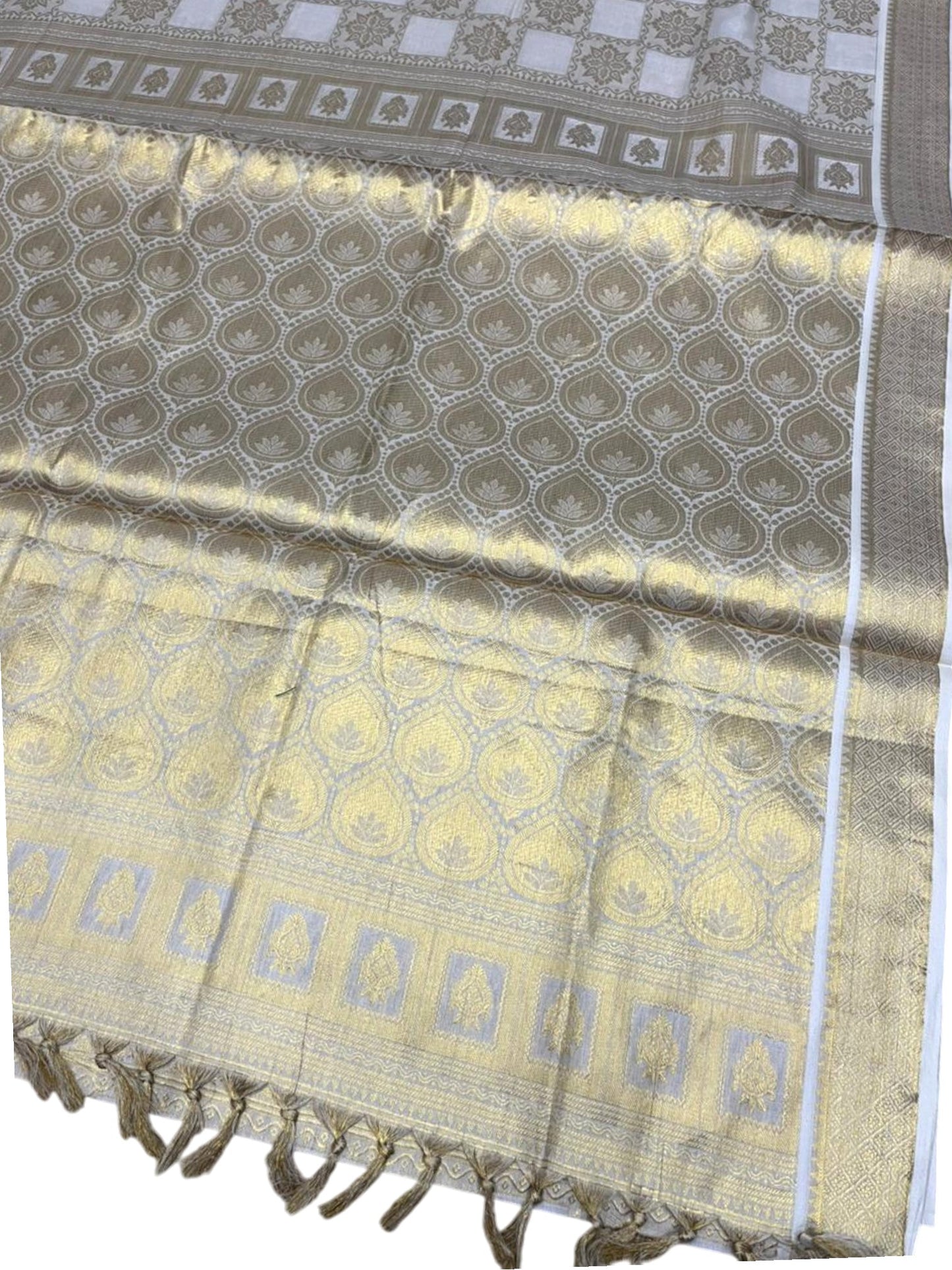 Southloom Pure Cotton Kerala Kasavu Heavy Work Saree with Floral Woven Design on Body and Temple Border SL485
