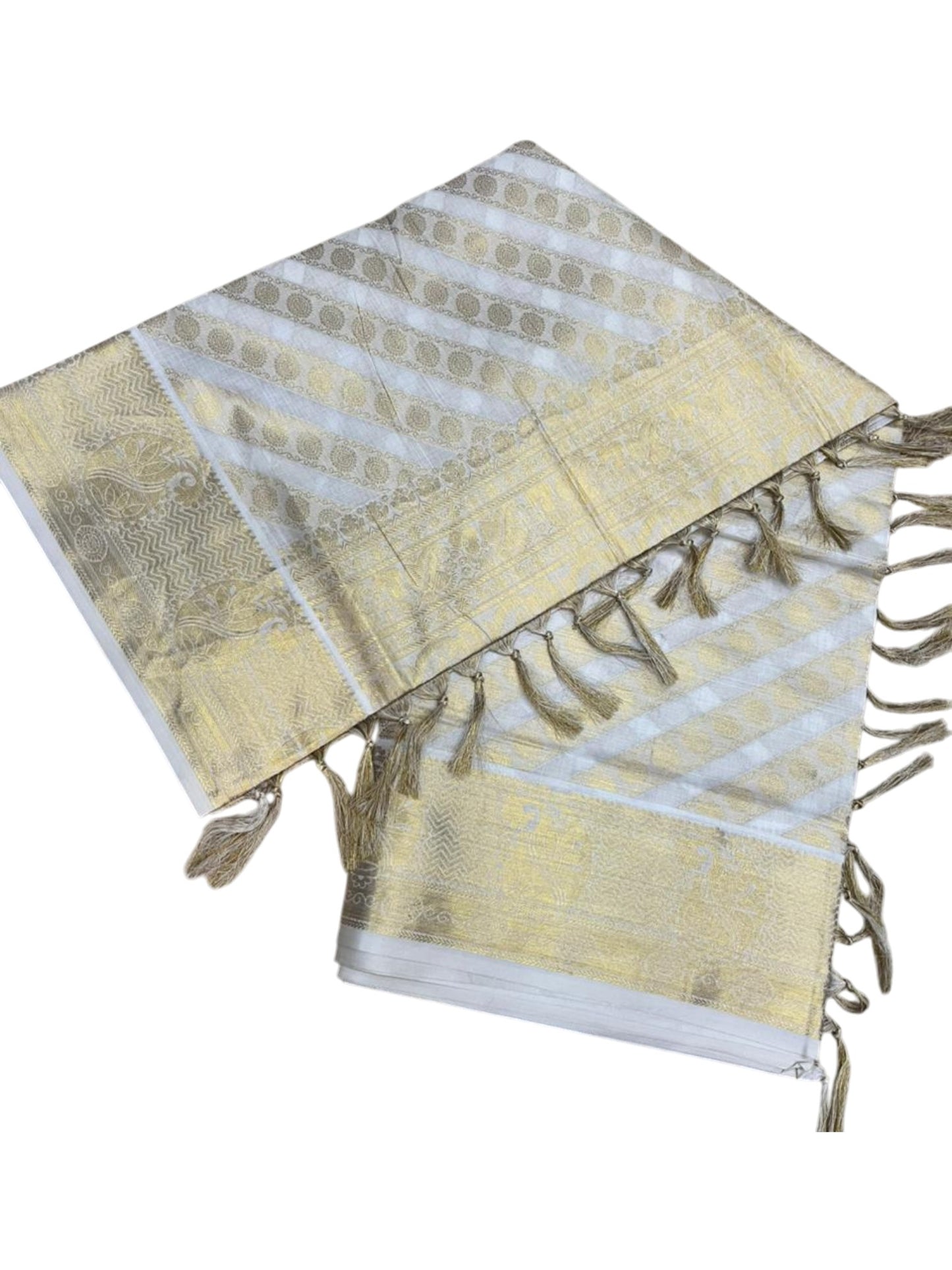 Southloom Pure Cotton Kerala Kasavu Heavy Work Saree with Floral Woven Design on Body and Temple Border SL485