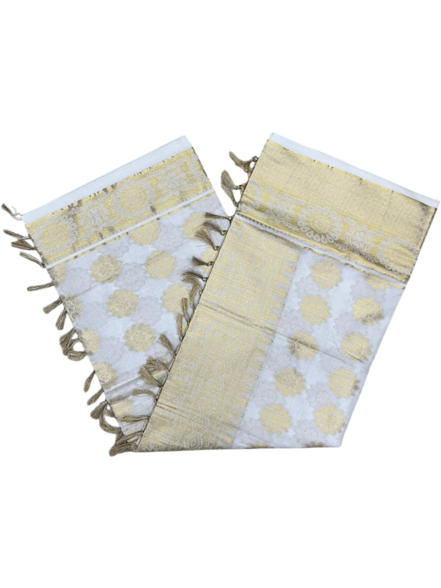 Southloom Pure Cotton Kerala Kasavu Heavy Work Saree with Floral Woven Design on Body and Temple Border SL485