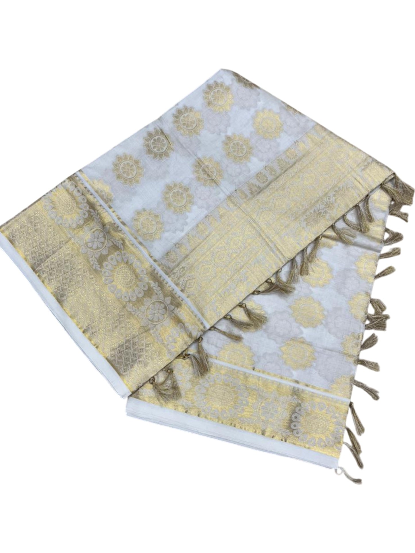 Southloom Pure Cotton Kerala Kasavu Heavy Work Saree with Floral Woven Design on Body and Temple Border SL485