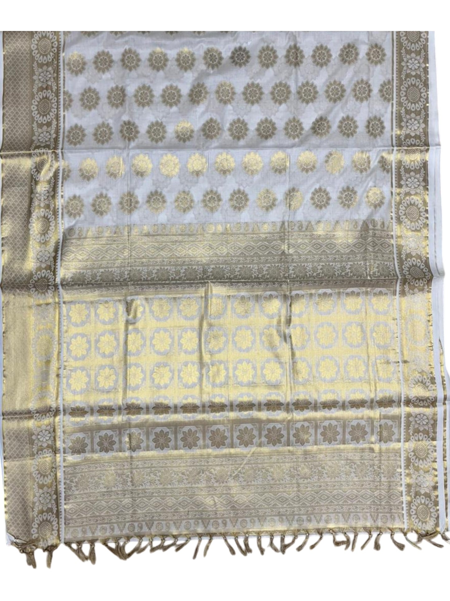 Southloom Pure Cotton Kerala Kasavu Heavy Work Saree with Floral Woven Design on Body and Temple Border SL485