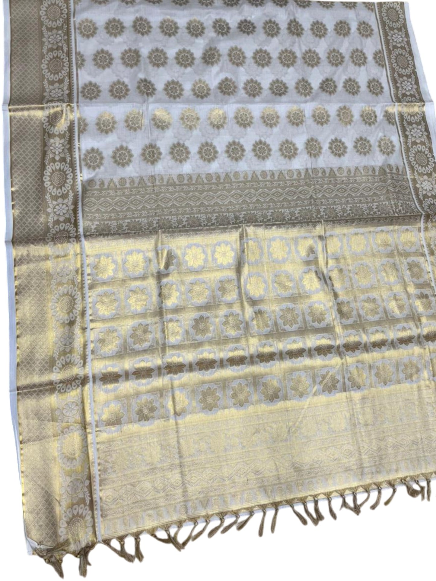 Southloom Pure Cotton Kerala Kasavu Heavy Work Saree with Floral Woven Design on Body and Temple Border SL485