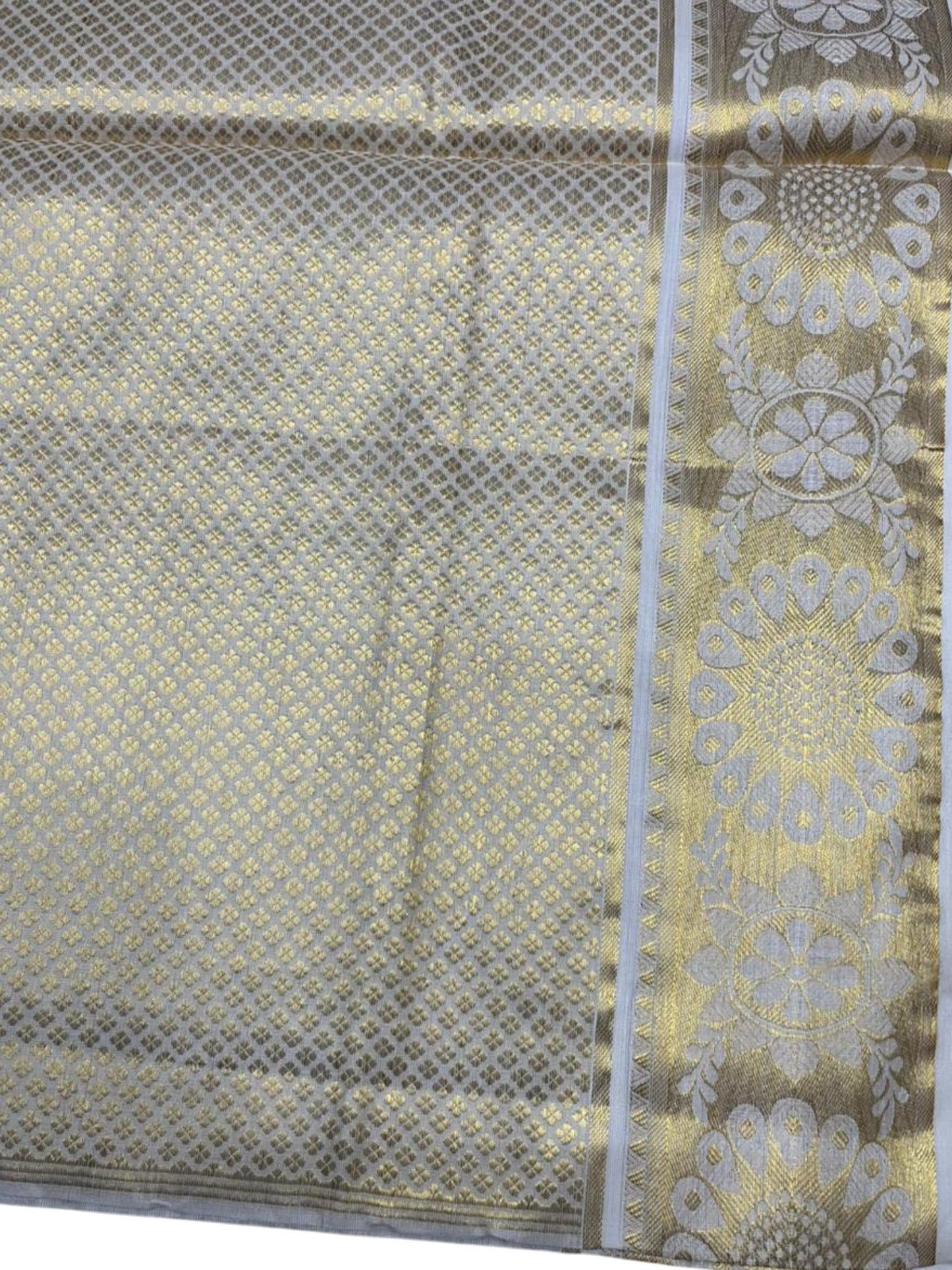 Southloom Pure Cotton Kerala Kasavu Heavy Work Saree with Floral Woven Design on Body and Temple Border SL485
