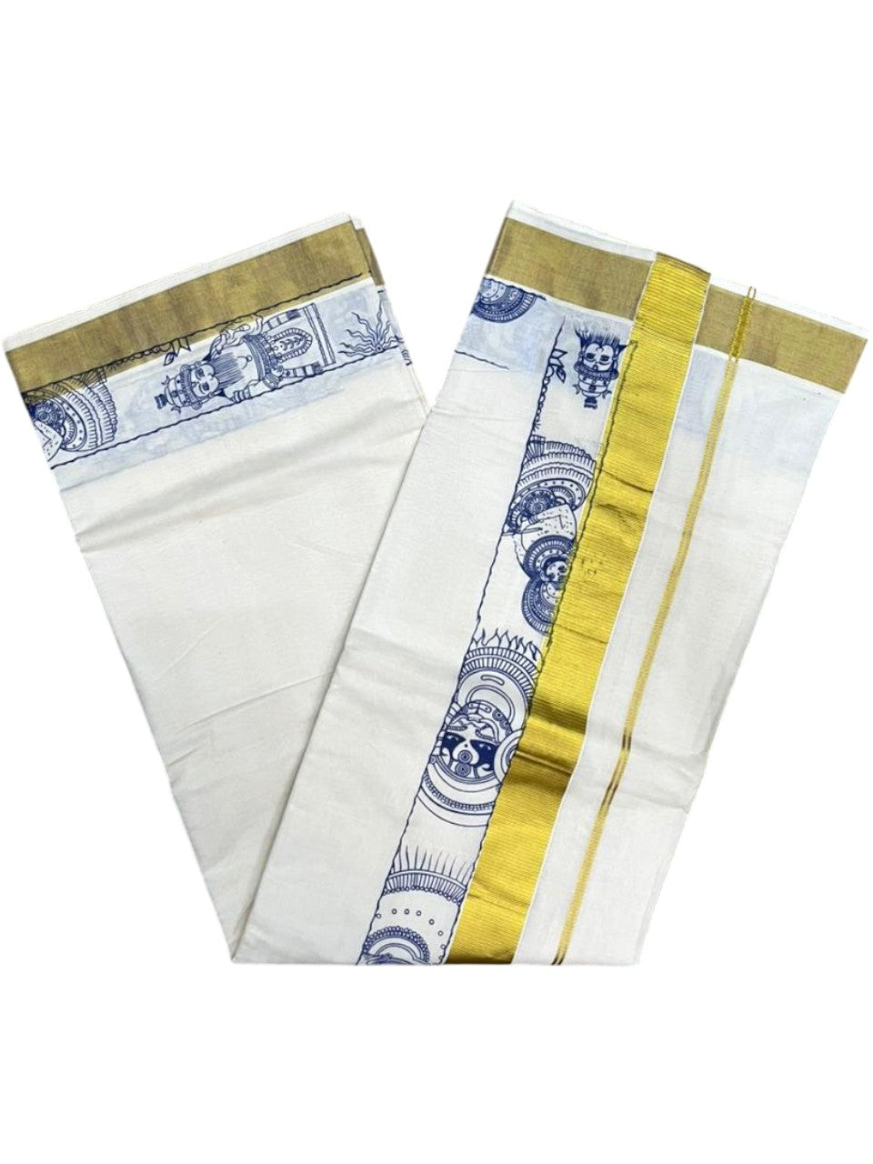 Southloom Cotton Kerala Kasavu Saree with Theyyam Mural Painted Design In Blue SL486