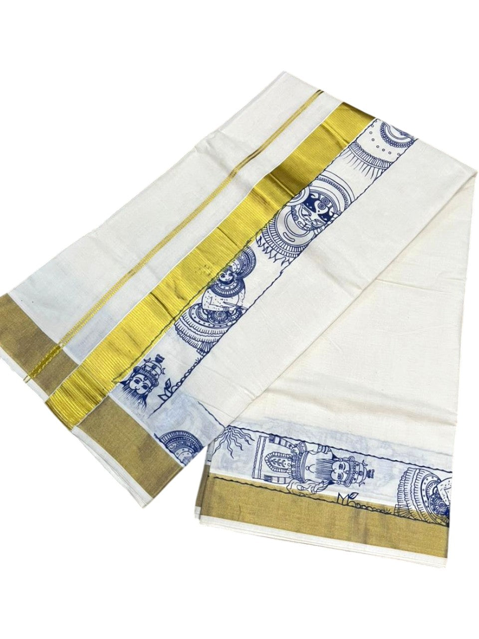 Southloom Cotton Kerala Kasavu Saree with Theyyam Mural Painted Design In Blue SL486