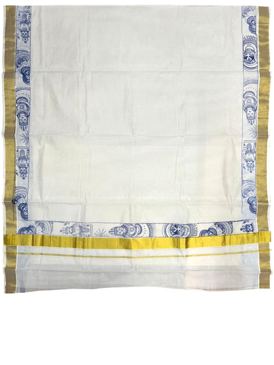 Southloom Cotton Kerala Kasavu Saree with Theyyam Mural Painted Design In Blue SL486