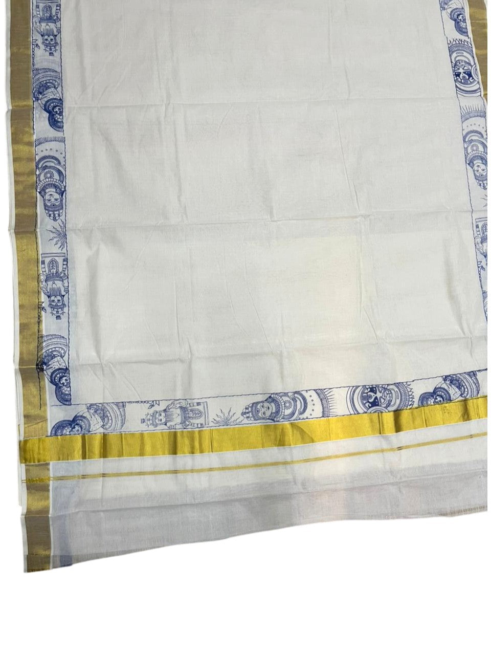 Southloom Cotton Kerala Kasavu Saree with Theyyam Mural Painted Design In Blue SL486