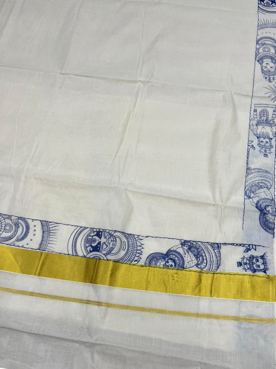Southloom Cotton Kerala Kasavu Saree with Theyyam Mural Painted Design In Blue SL486