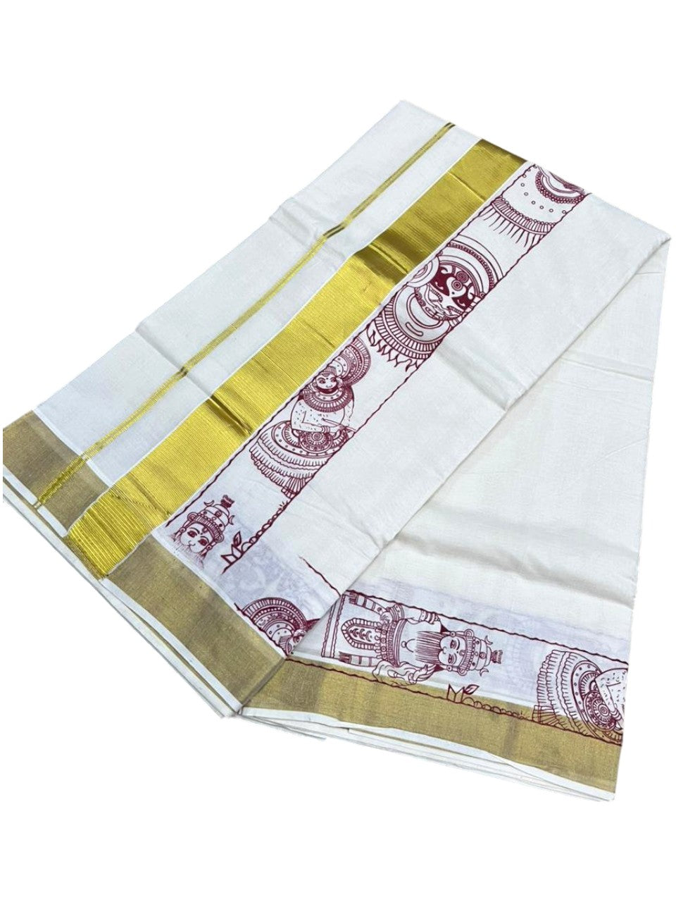 Southloom Cotton Kerala Kasavu Saree with Theyyam Mural Painted Design In Maroon SL486