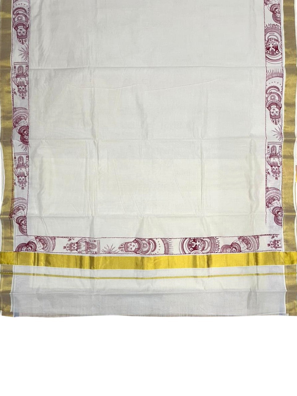 Southloom Cotton Kerala Kasavu Saree with Theyyam Mural Painted Design In Maroon SL486