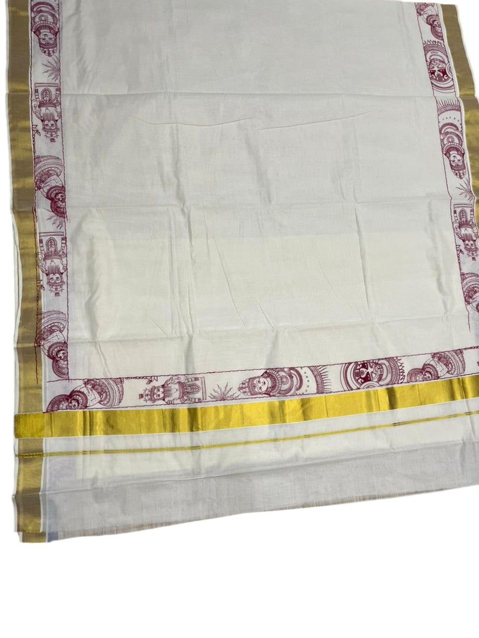 Southloom Cotton Kerala Kasavu Saree with Theyyam Mural Painted Design In Maroon SL486