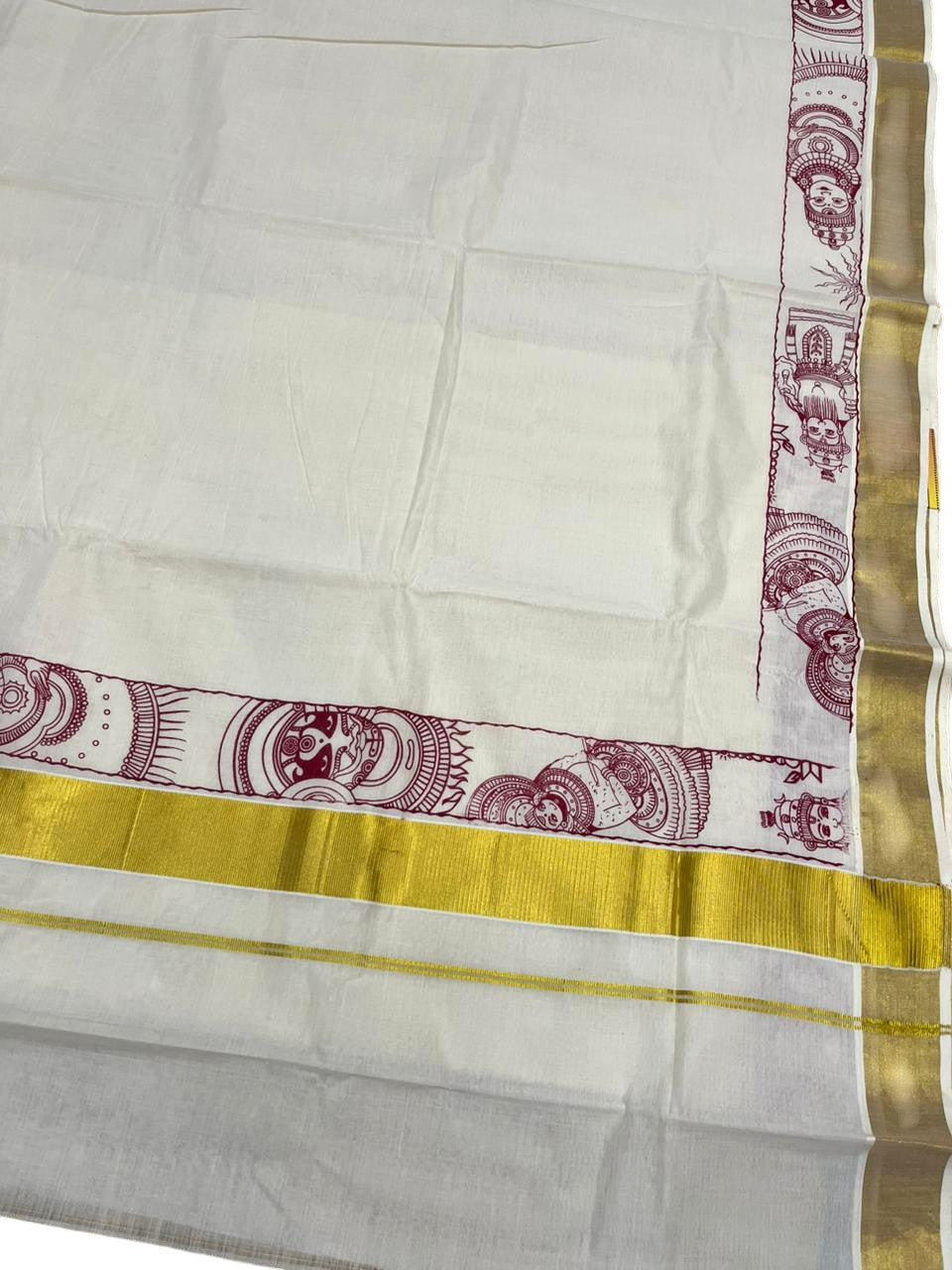 Southloom Cotton Kerala Kasavu Saree with Theyyam Mural Painted Design In Maroon SL486