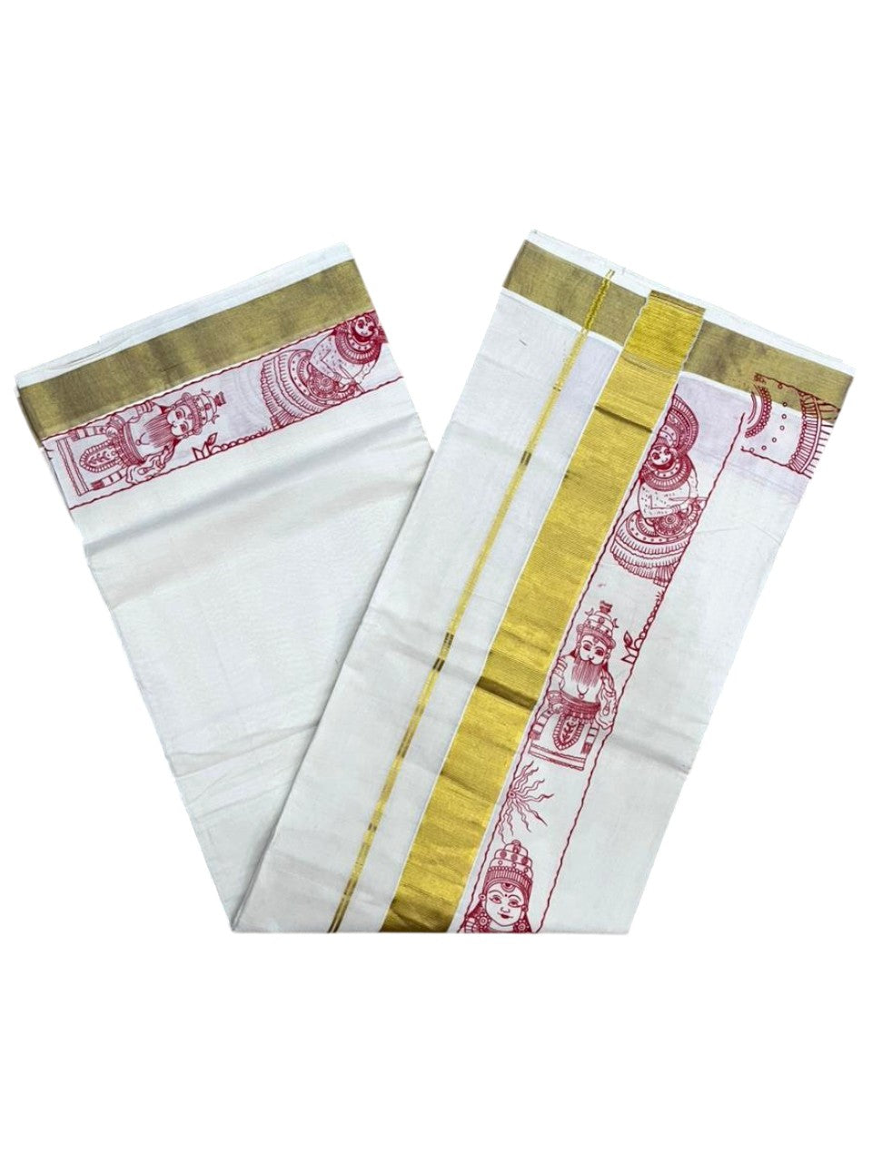 Southloom Cotton Kerala Kasavu Saree with Theyyam Mural Painted Design In Red SL486