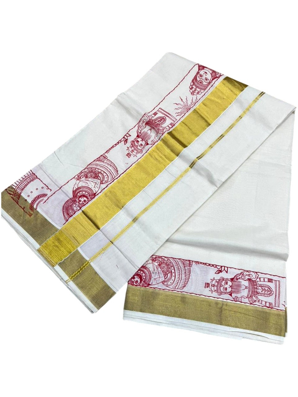 Southloom Cotton Kerala Kasavu Saree with Theyyam Mural Painted Design In Red SL486