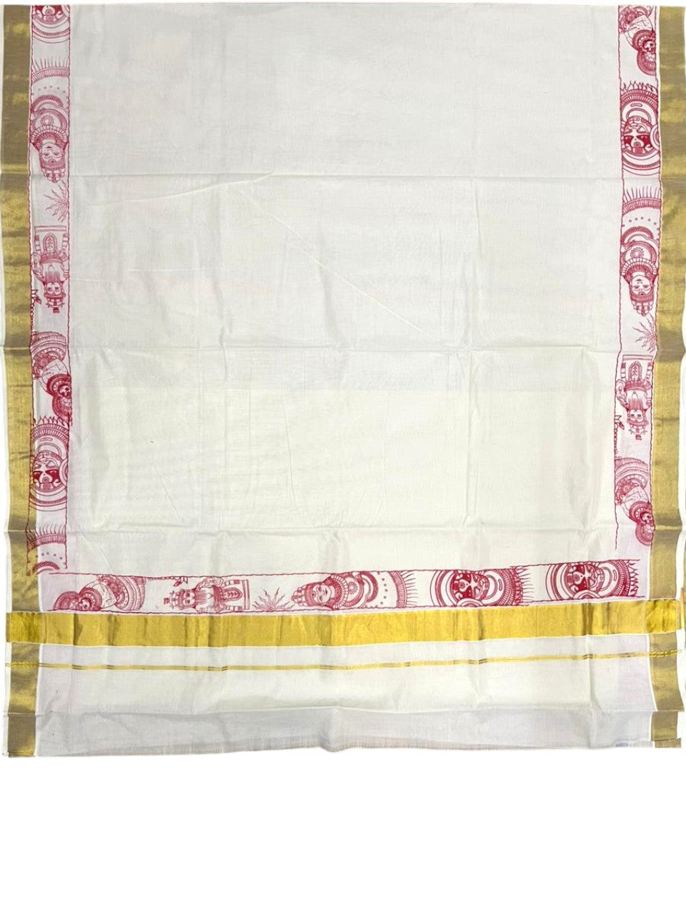 Southloom Cotton Kerala Kasavu Saree with Theyyam Mural Painted Design In Red SL486