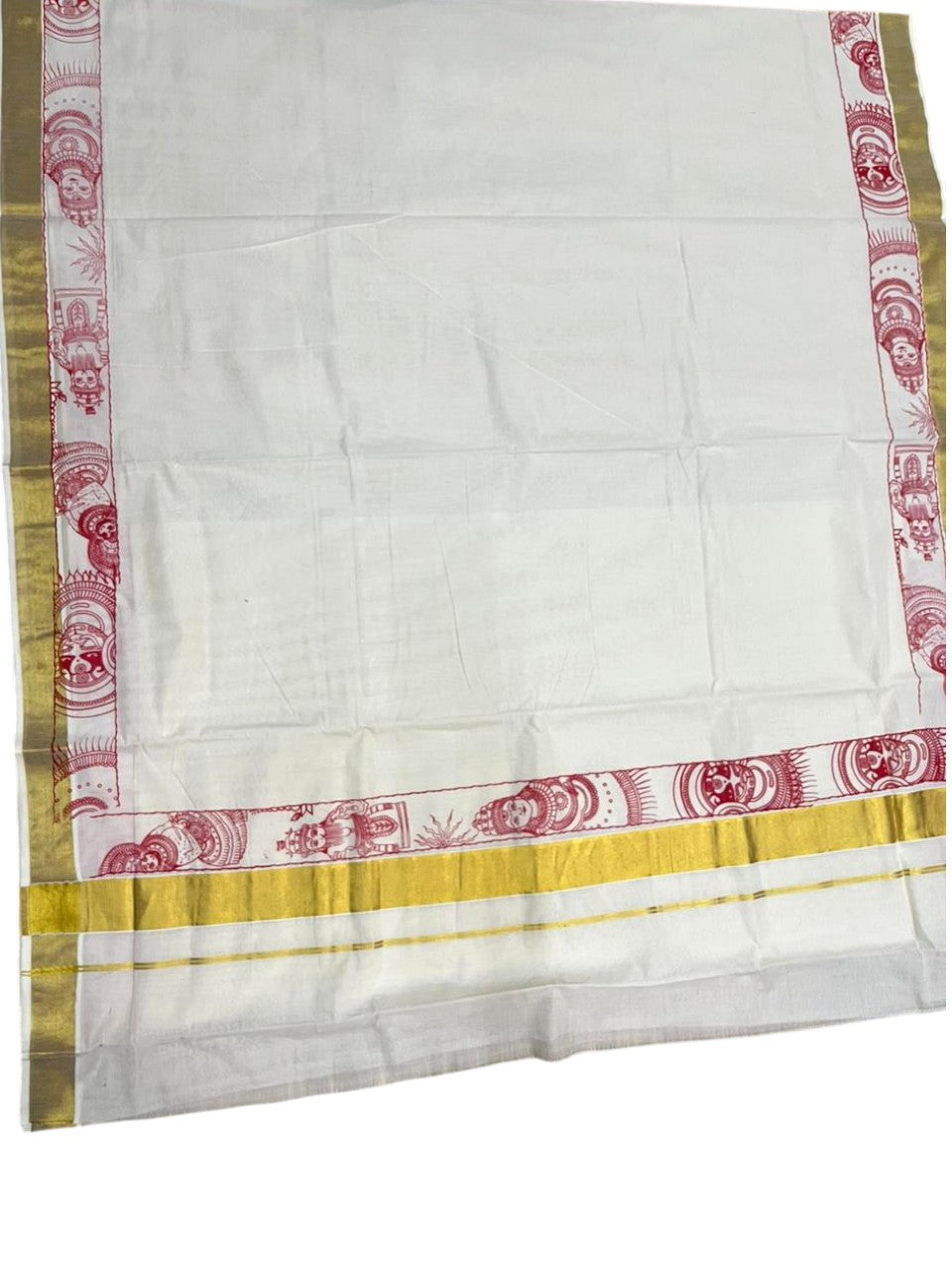 Southloom Cotton Kerala Kasavu Saree with Theyyam Mural Painted Design In Red SL486