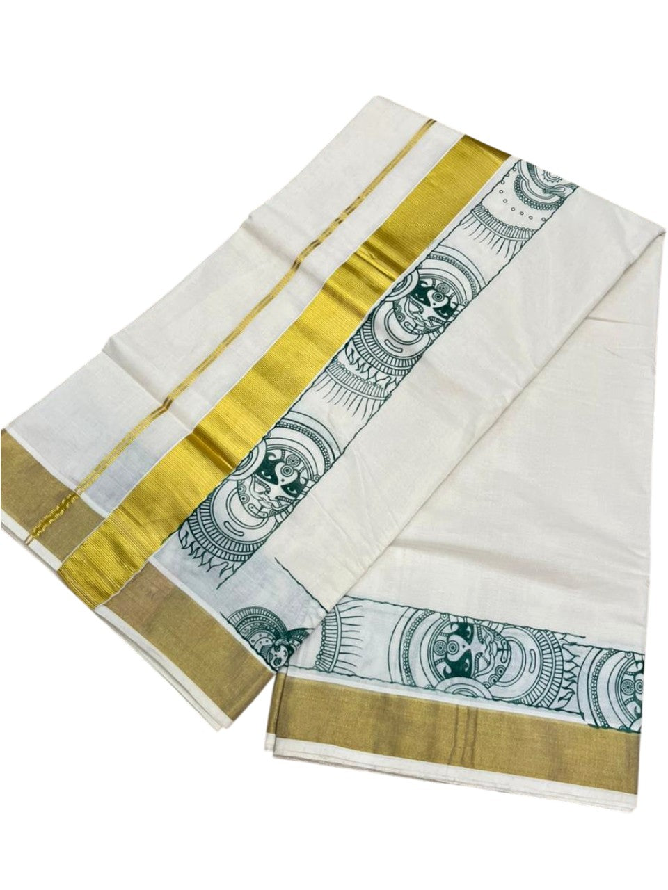 Southloom Cotton Kerala Kasavu Saree with Theyyam Mural Painted Design In Green SL486