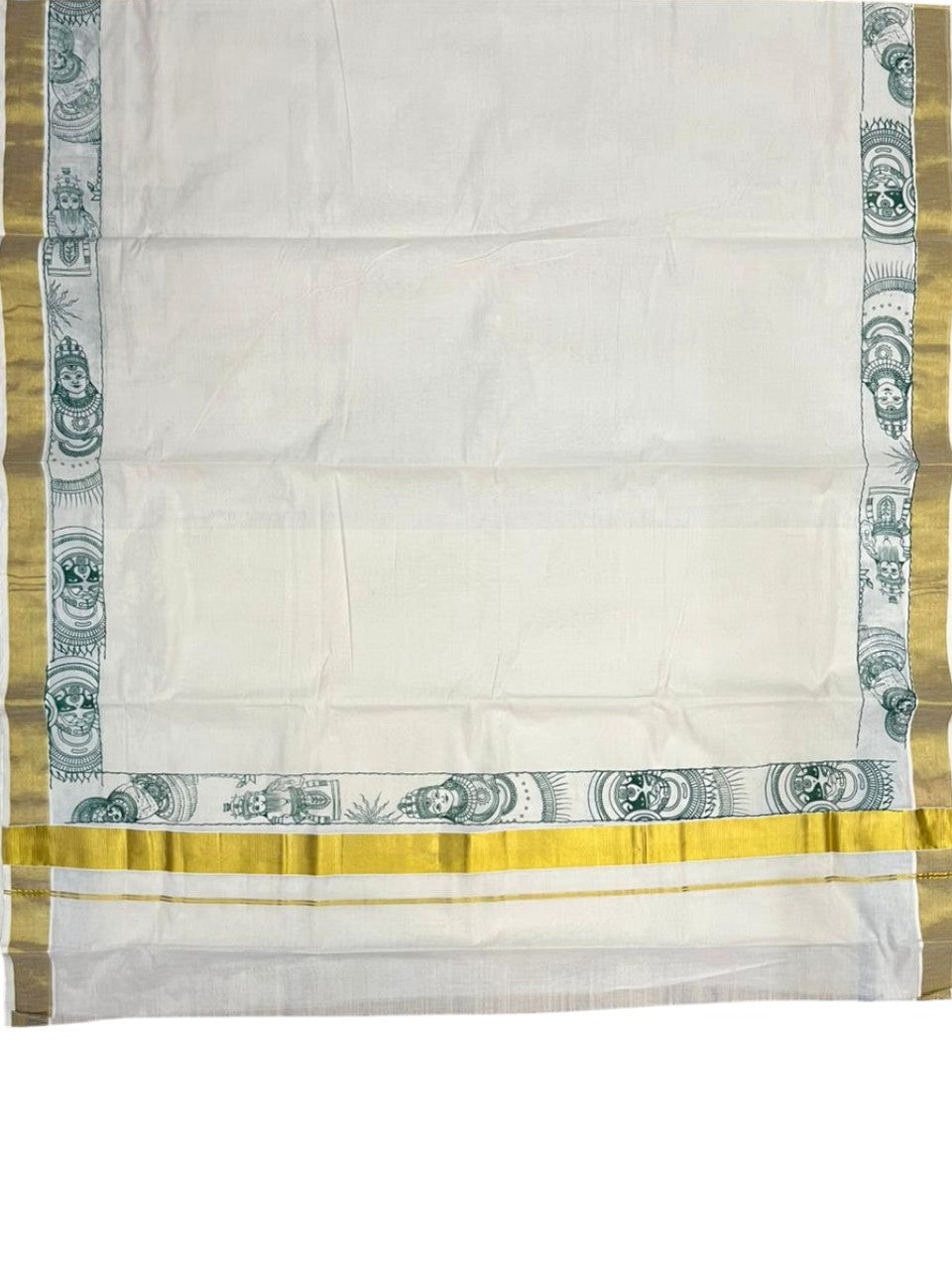 Southloom Cotton Kerala Kasavu Saree with Theyyam Mural Painted Design In Green SL486