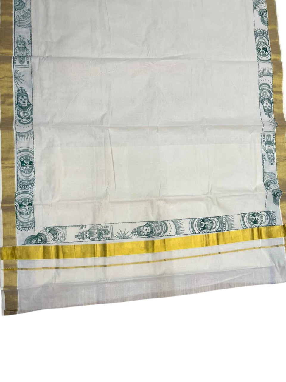 Southloom Cotton Kerala Kasavu Saree with Theyyam Mural Painted Design In Green SL486