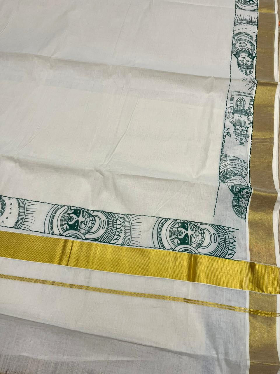 Southloom Cotton Kerala Kasavu Saree with Theyyam Mural Painted Design In Green SL486