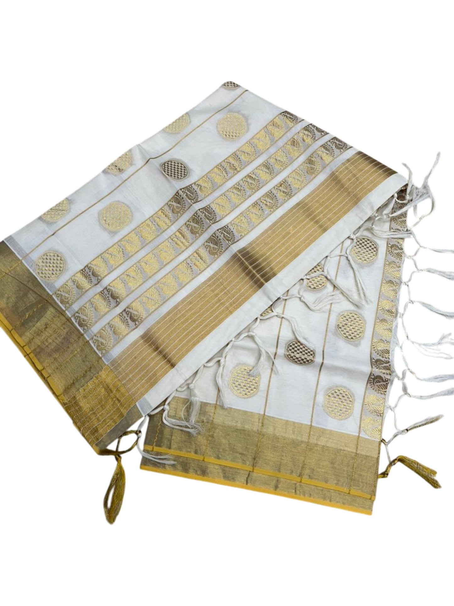 Southloom Pure Cotton Kerala Kasavu Heavy Work Replica Saree with Floral Woven Design on Body SL487