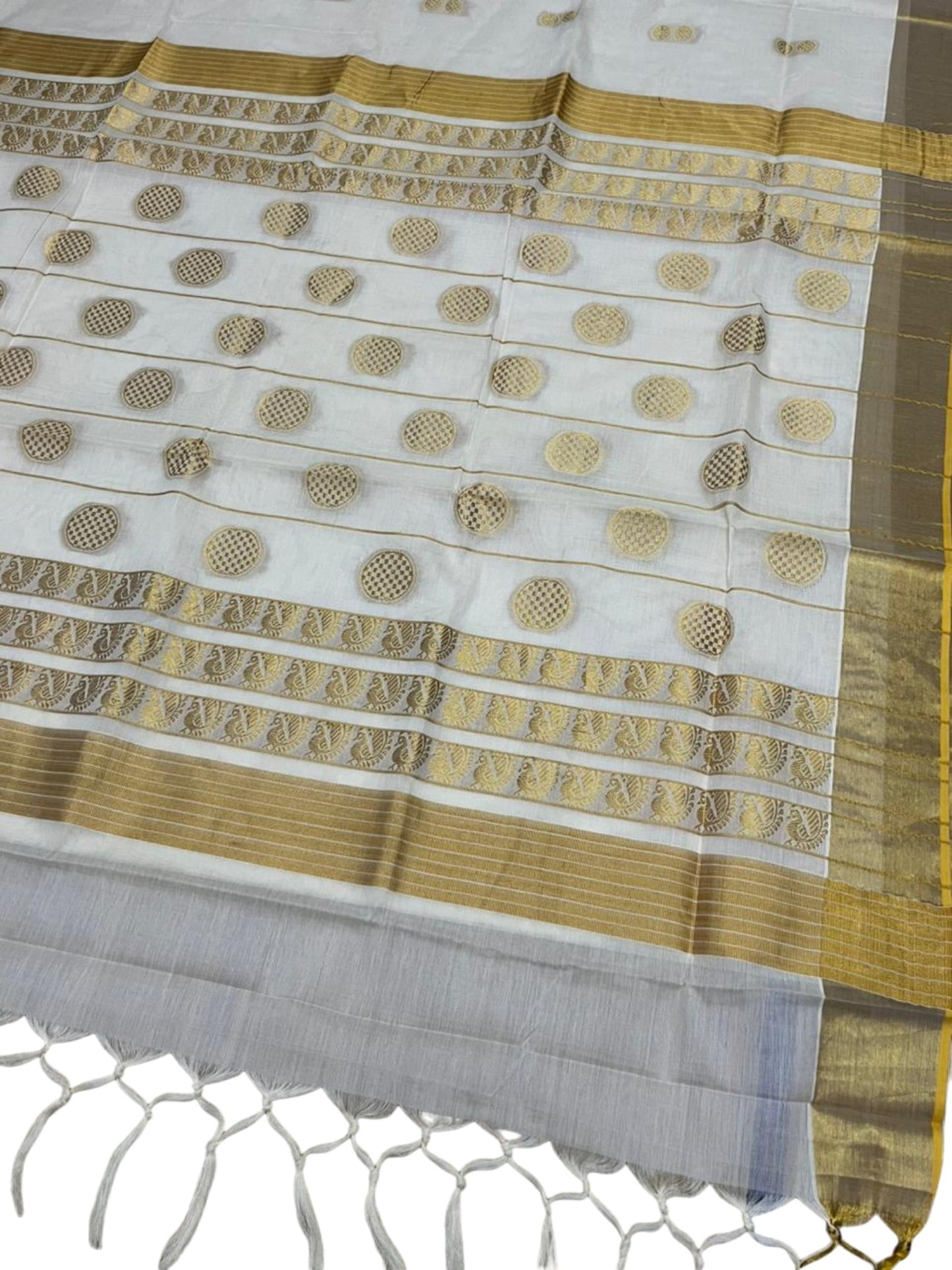Southloom Pure Cotton Kerala Kasavu Heavy Work Replica Saree with Floral Woven Design on Body SL487