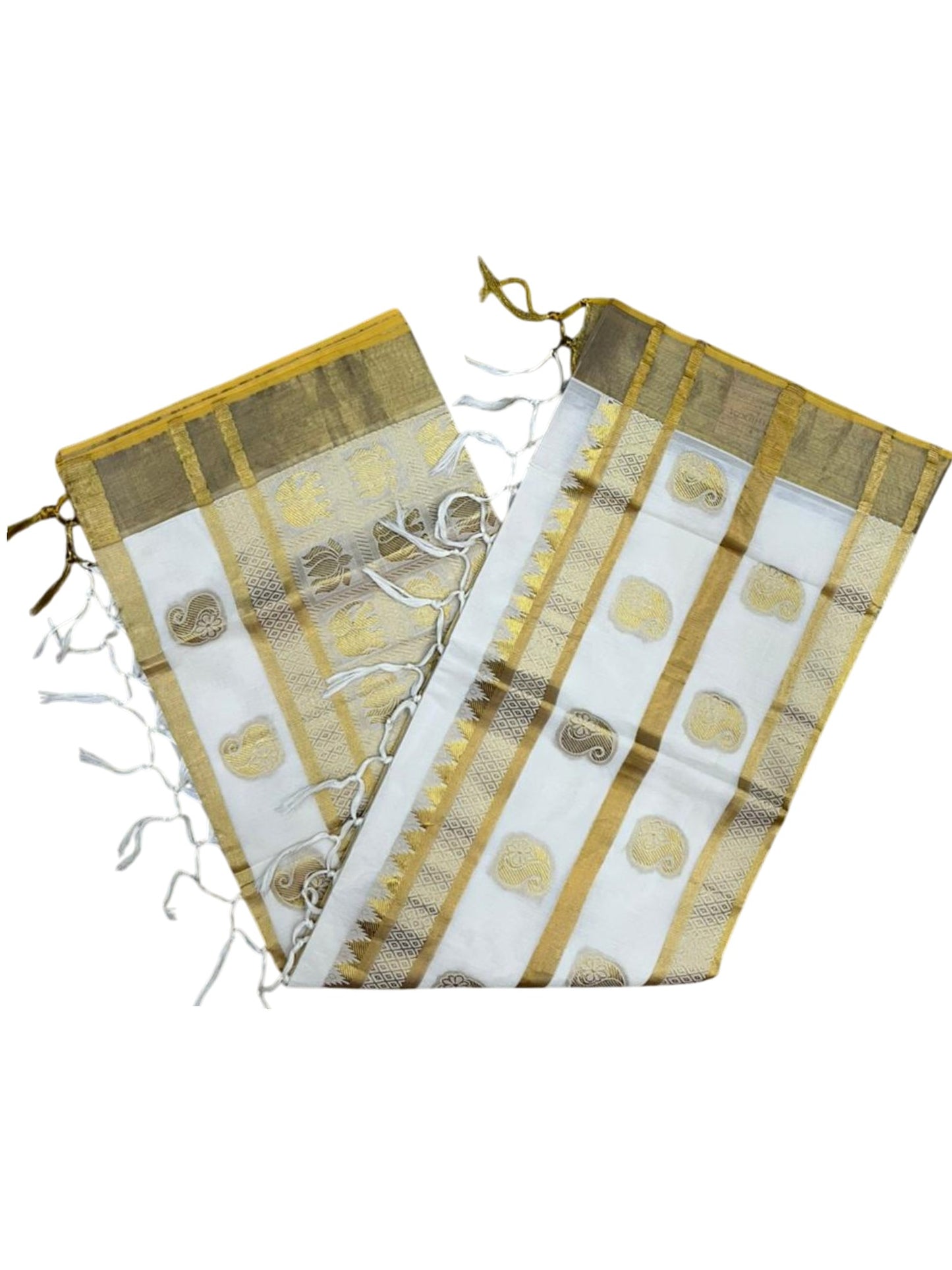 Southloom Pure Cotton Kerala Kasavu Heavy Work Replica Saree with Leaf Woven Design on Body with Elephant and Lotus Woven Design on Pallu SL487