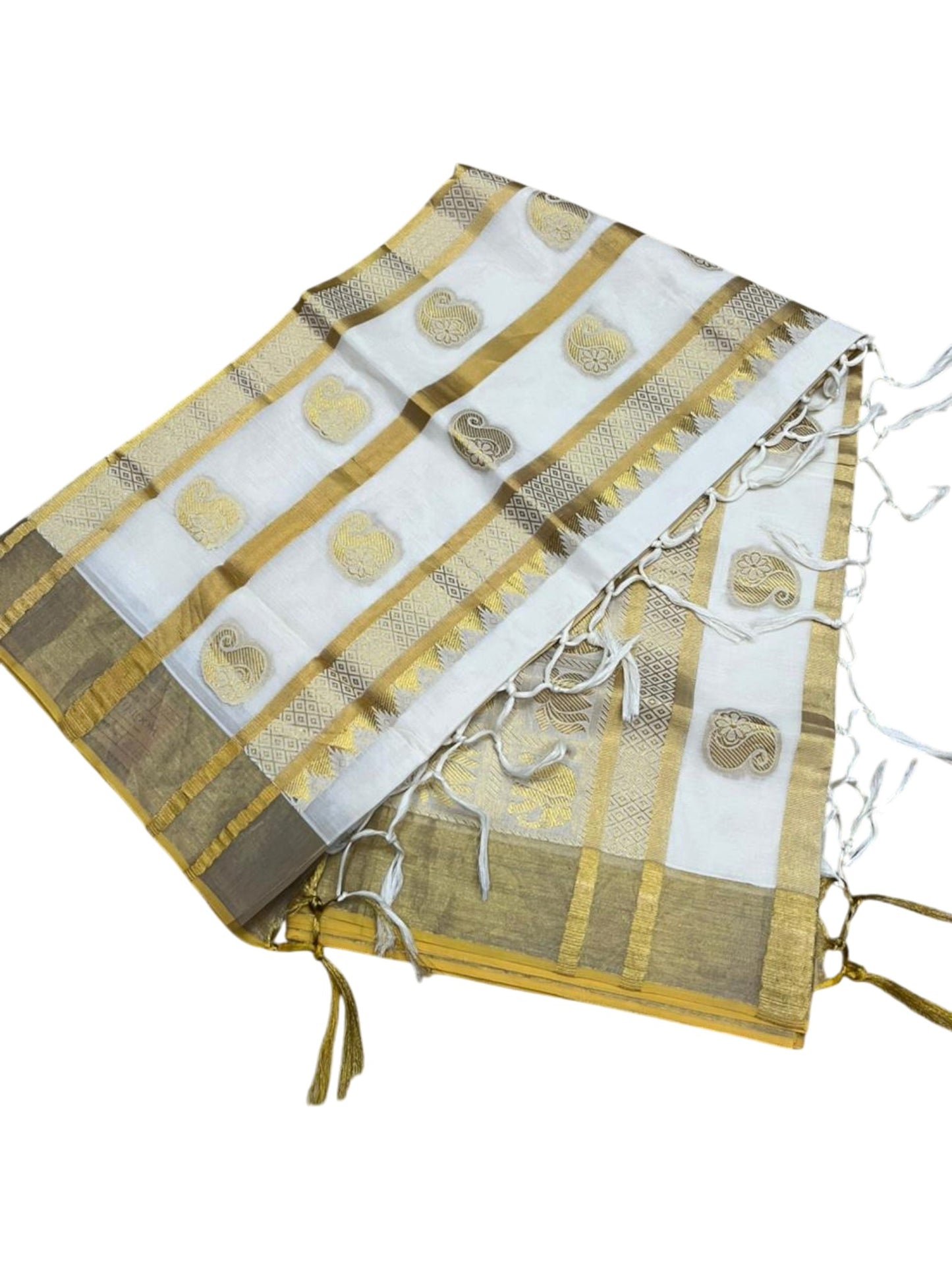 Southloom Pure Cotton Kerala Kasavu Heavy Work Replica Saree with Leaf Woven Design on Body with Elephant and Lotus Woven Design on Pallu SL487