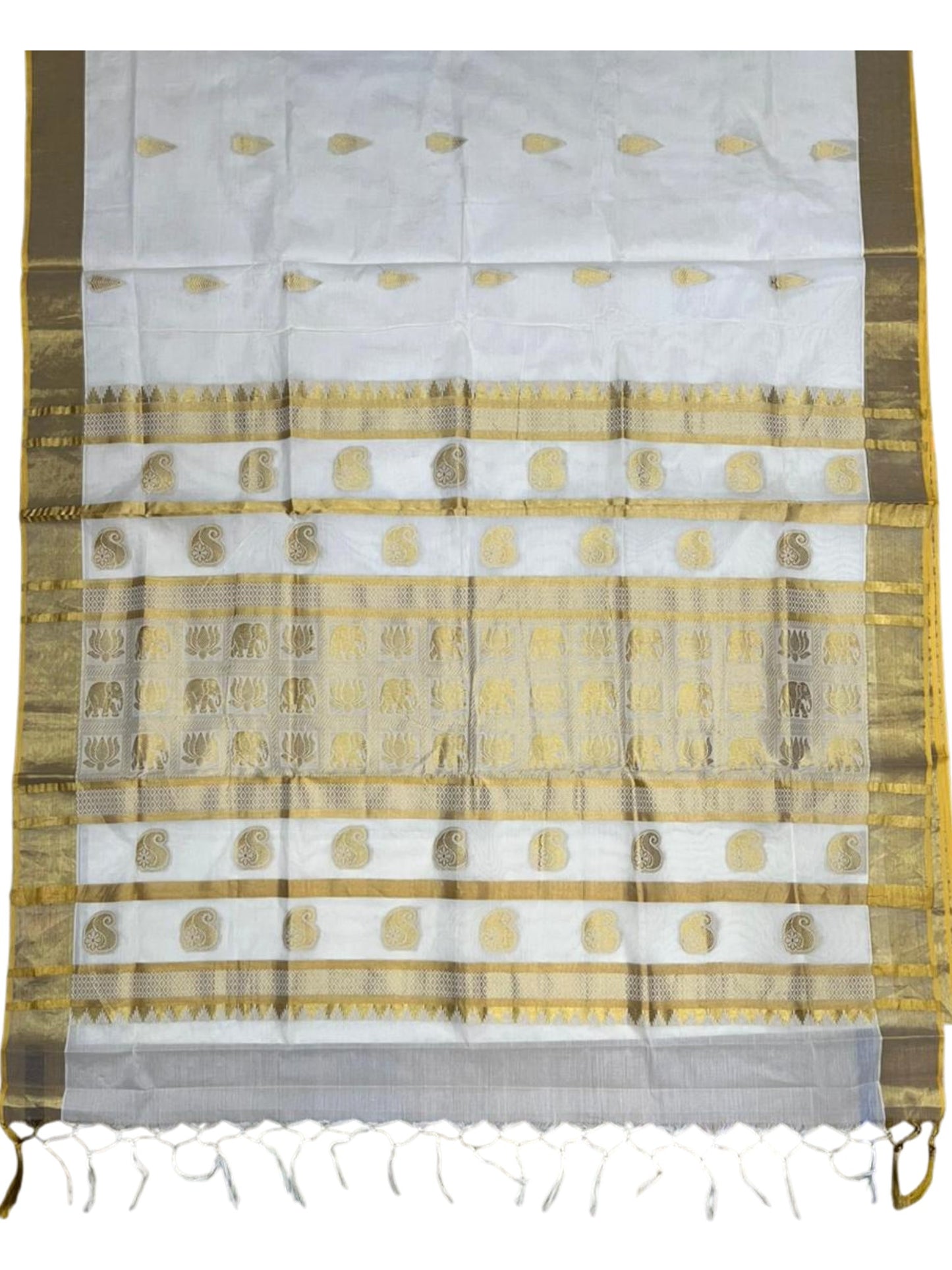 Southloom Pure Cotton Kerala Kasavu Heavy Work Replica Saree with Leaf Woven Design on Body with Elephant and Lotus Woven Design on Pallu SL487