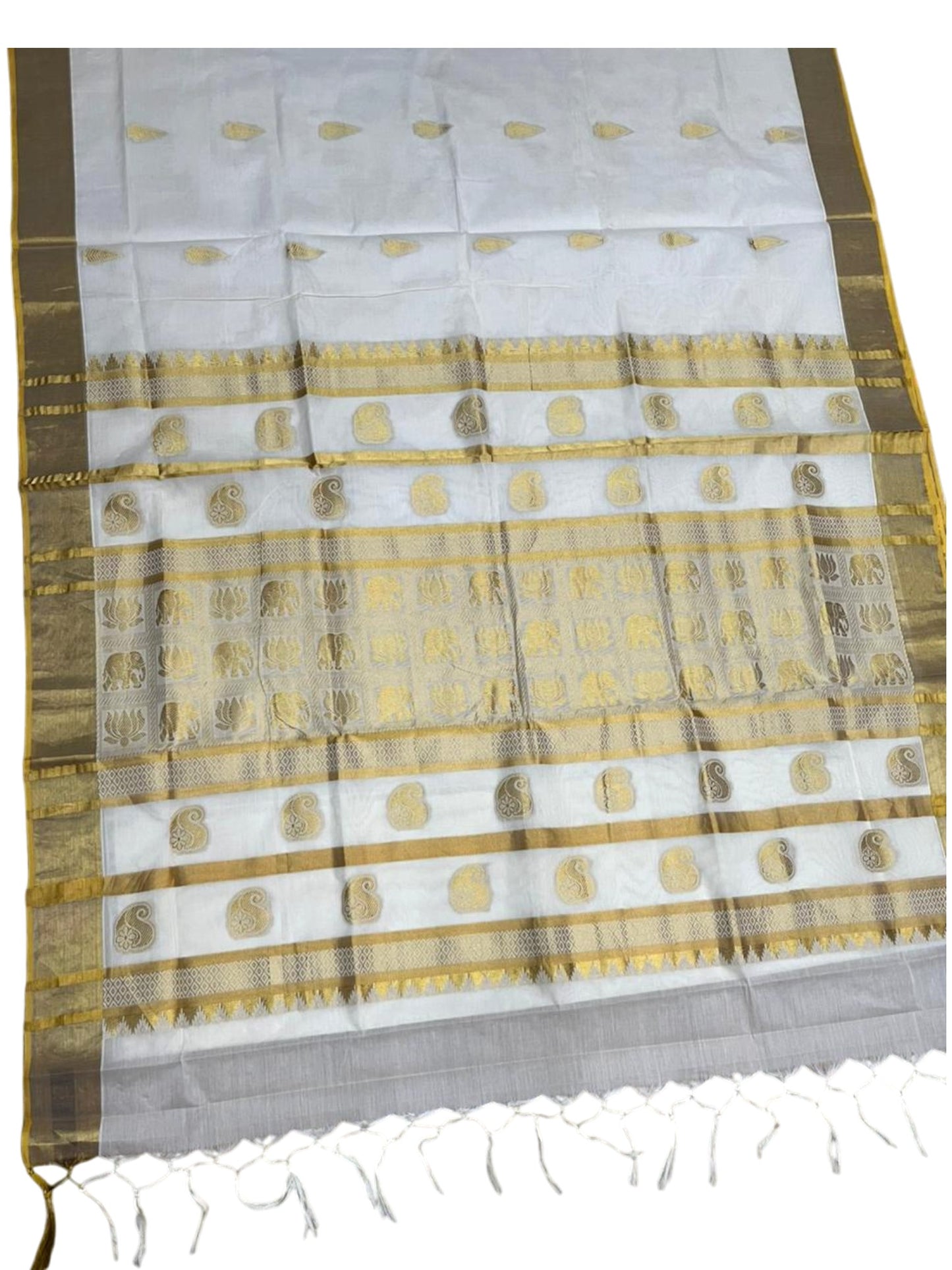 Southloom Pure Cotton Kerala Kasavu Heavy Work Replica Saree with Leaf Woven Design on Body with Elephant and Lotus Woven Design on Pallu SL487