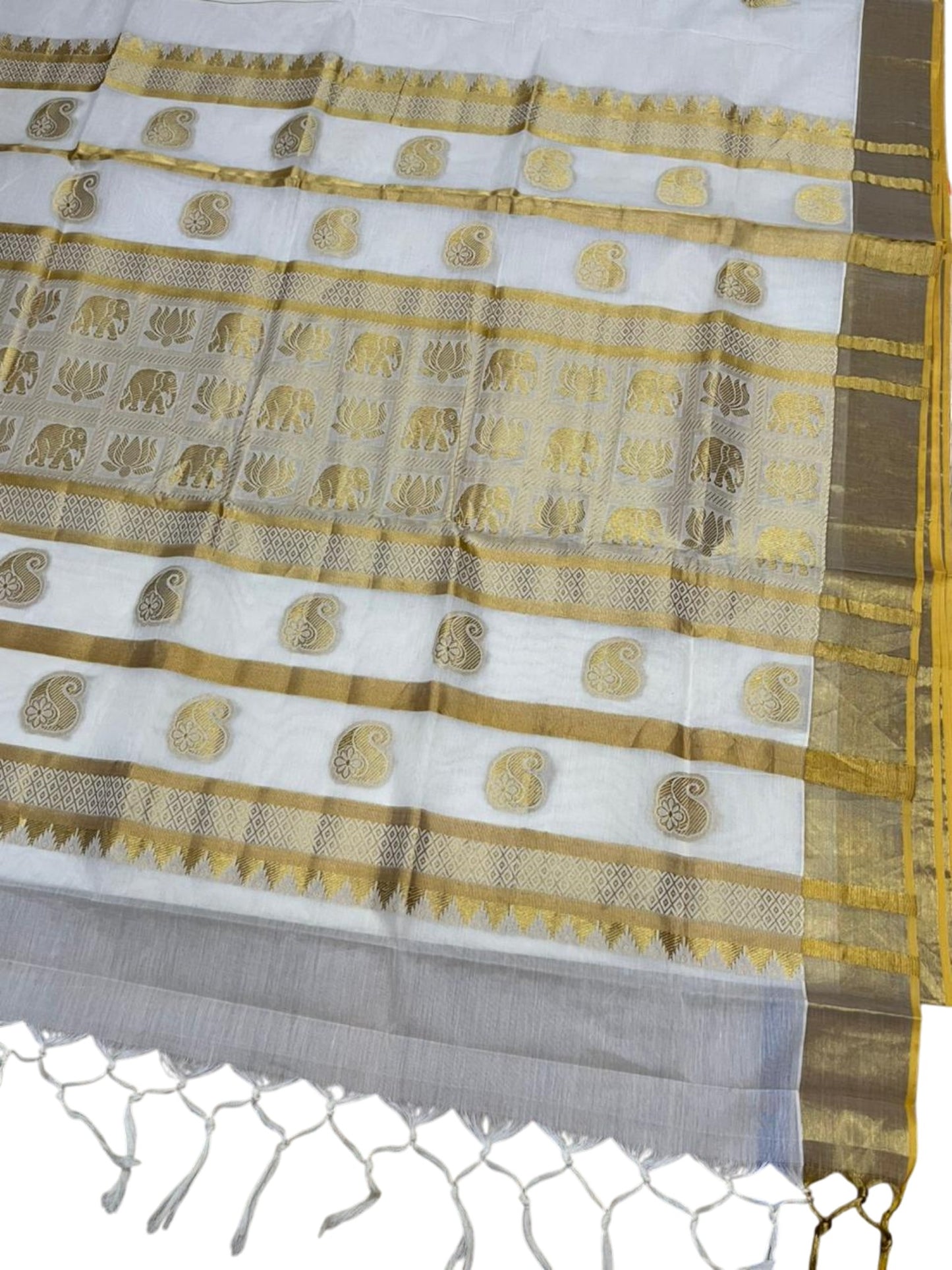 Southloom Pure Cotton Kerala Kasavu Heavy Work Replica Saree with Leaf Woven Design on Body with Elephant and Lotus Woven Design on Pallu SL487