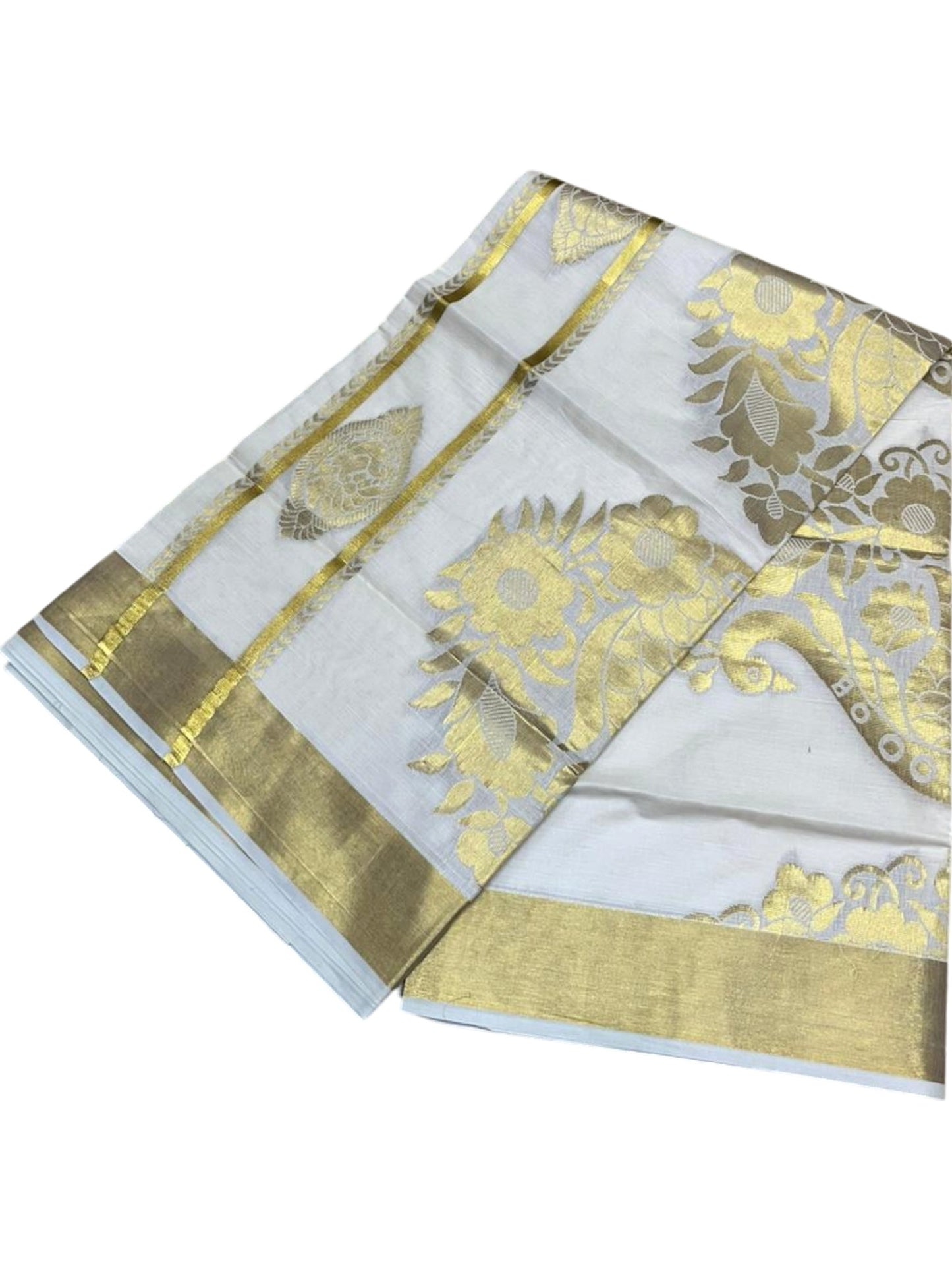 Southloom Pure Cotton Kerala Kasavu Heavy Work Saree with Peacock and Paisley Floral Woven Design on Body SL487