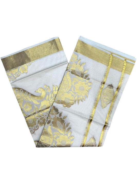 Southloom Pure Cotton Kerala Kasavu Heavy Work Saree with Peacock and Paisley Floral Woven Design on Body SL487