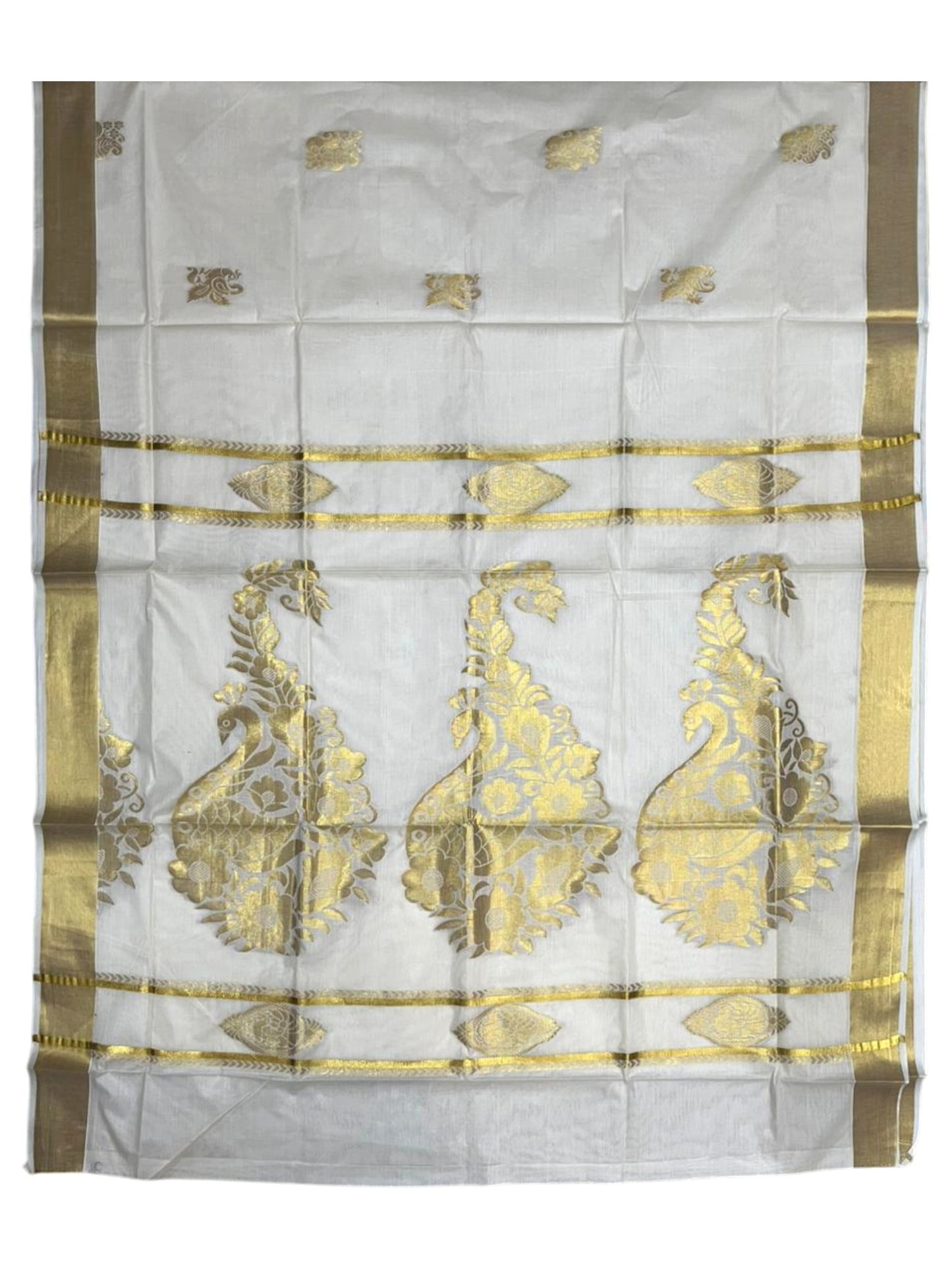 Southloom Pure Cotton Kerala Kasavu Heavy Work Saree with Peacock and Paisley Floral Woven Design on Body SL487