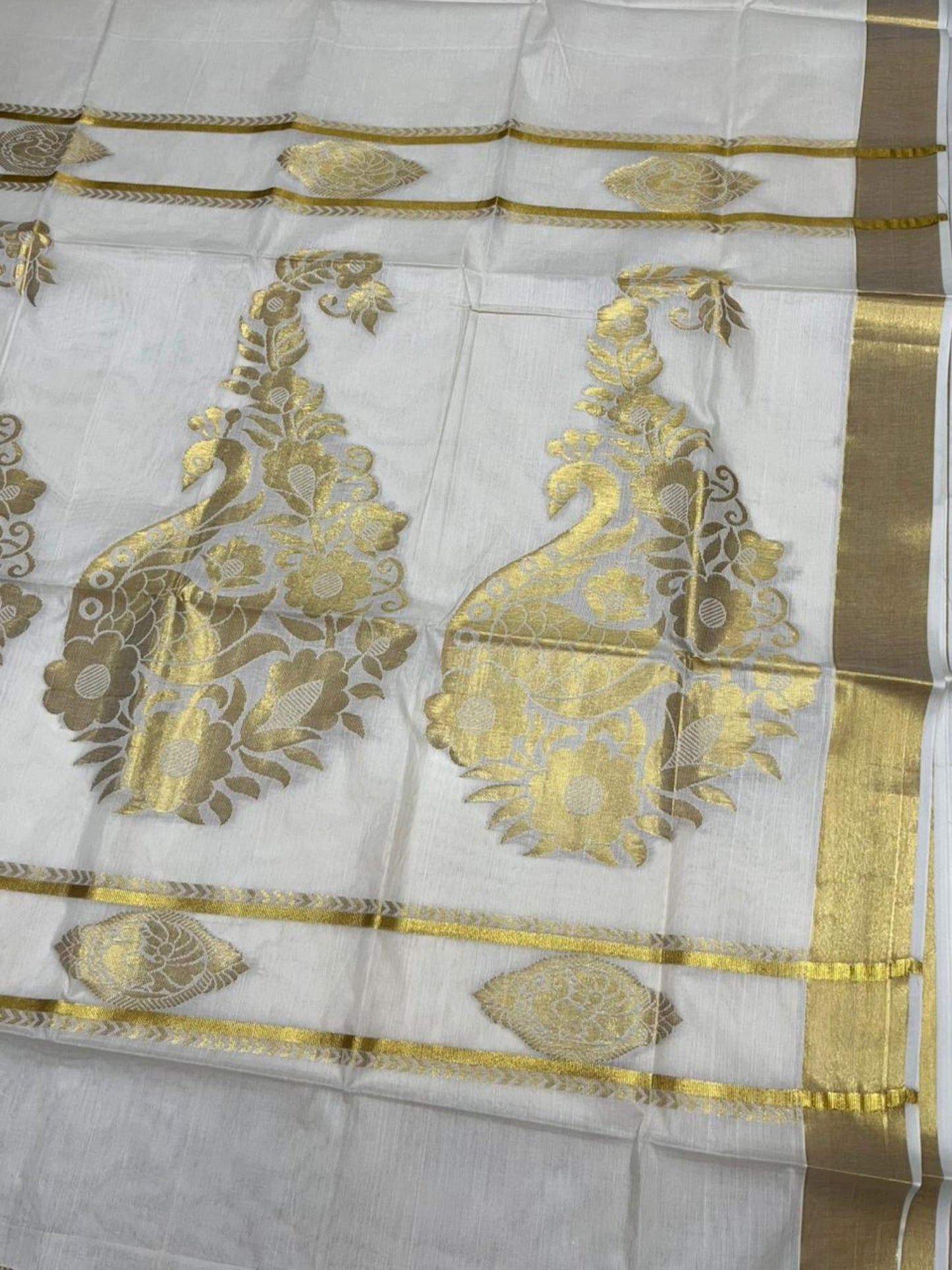 Southloom Pure Cotton Kerala Kasavu Heavy Work Saree with Peacock and Paisley Floral Woven Design on Body SL487