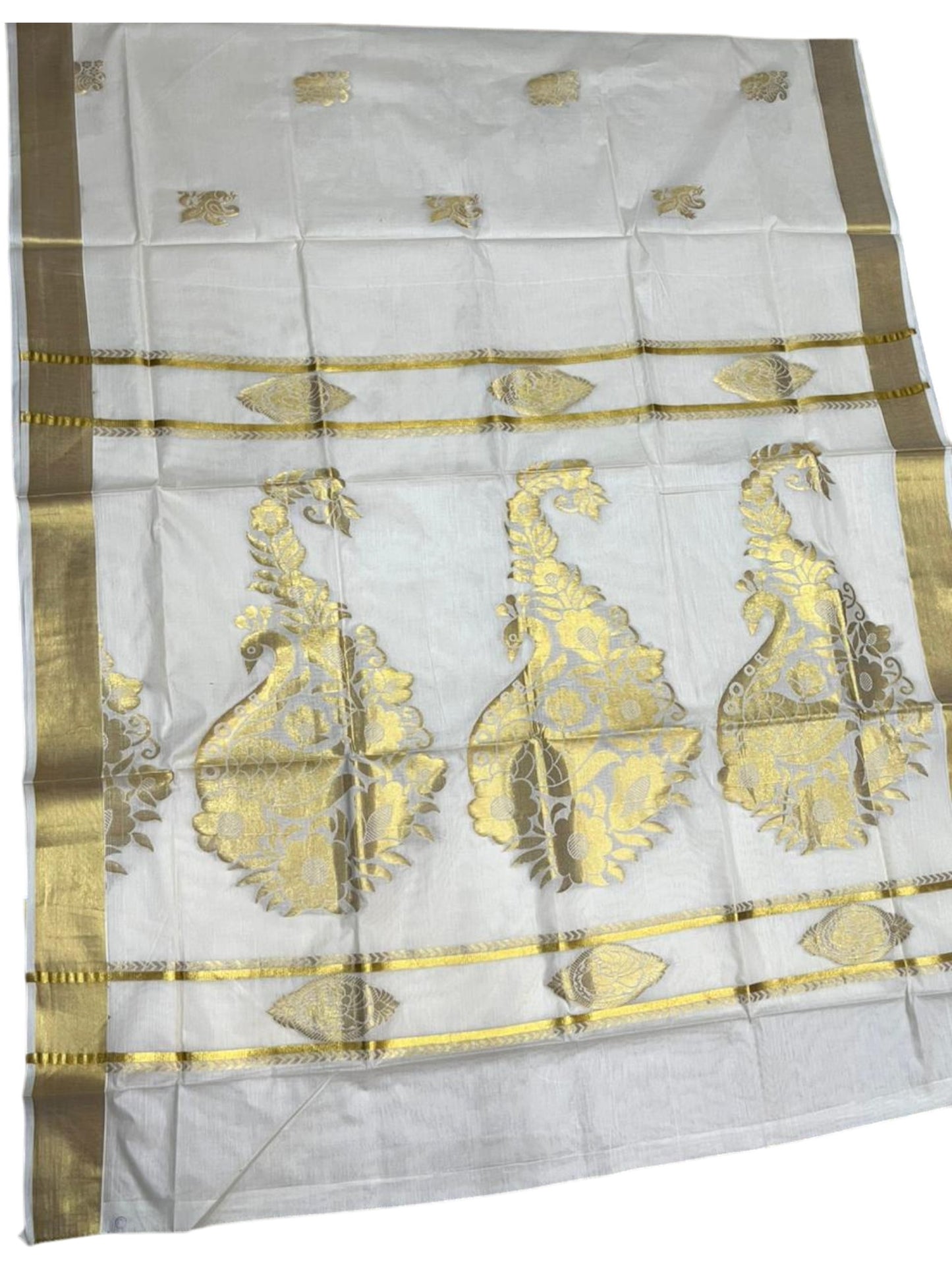 Southloom Pure Cotton Kerala Kasavu Heavy Work Saree with Peacock and Paisley Floral Woven Design on Body SL487
