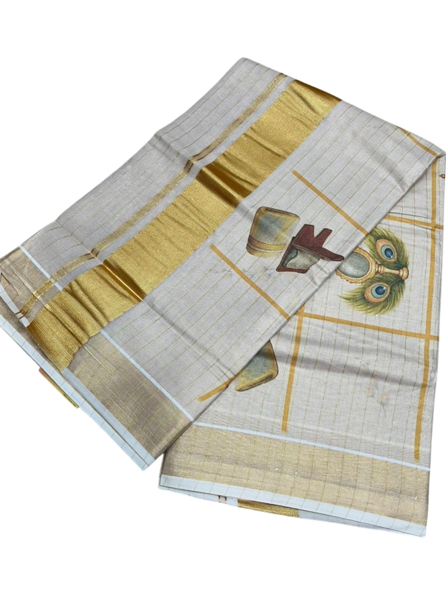 Southloom Tissue Kasavu Lines Saree with Kanikonna Floral Prints on Body SL489