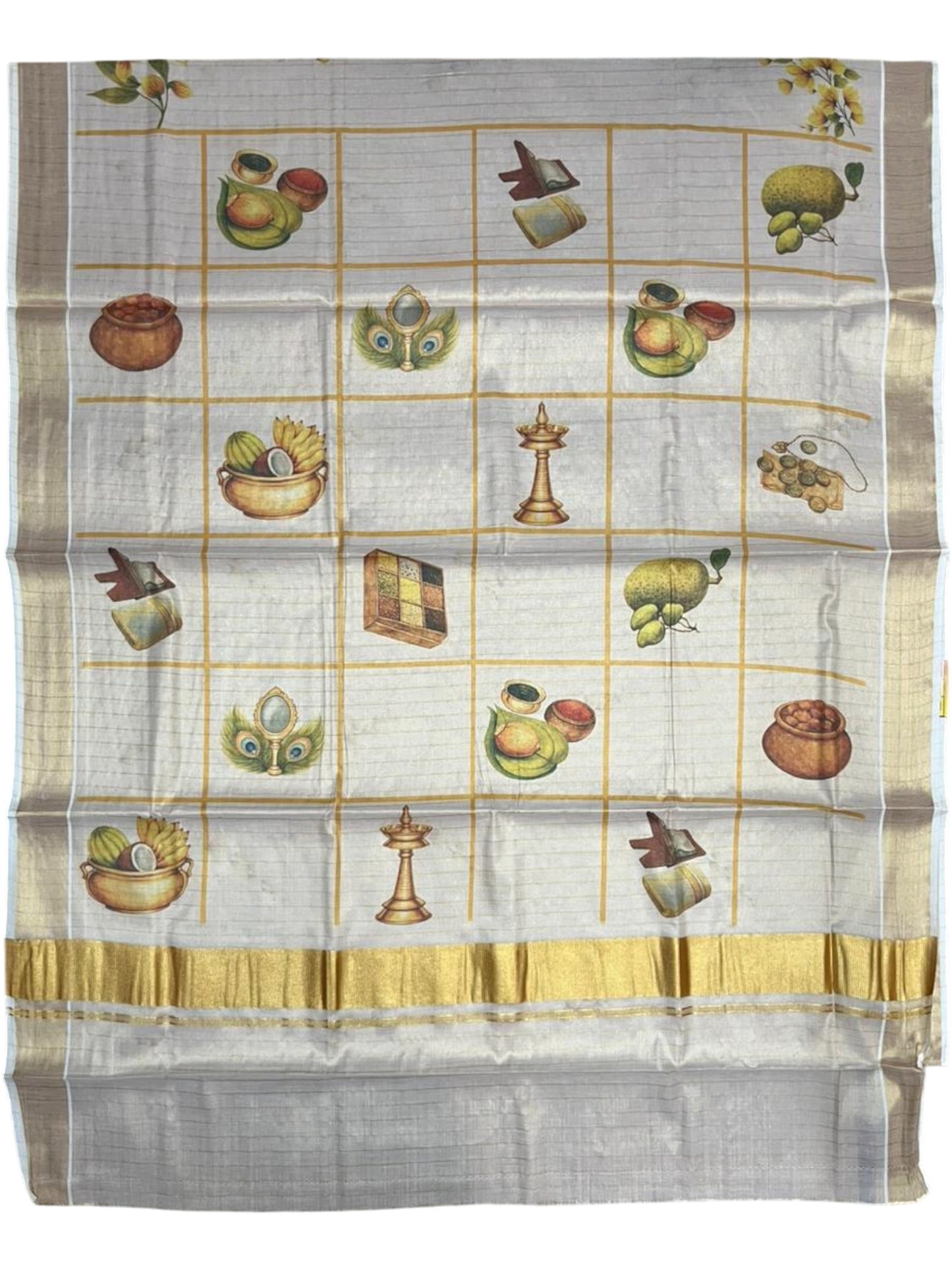 Southloom Tissue Kasavu Lines Saree with Kanikonna Floral Prints on Body SL489