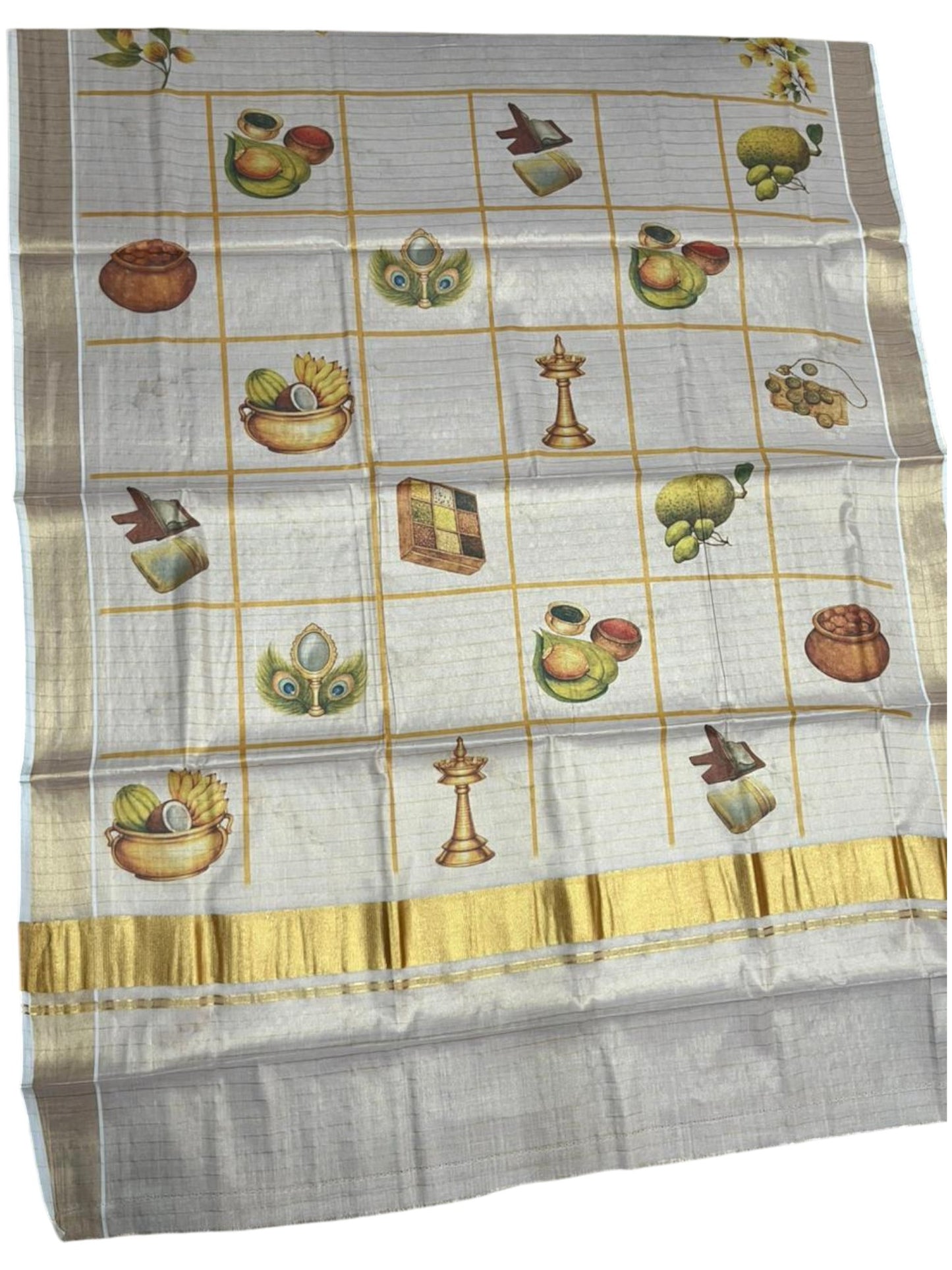 Southloom Tissue Kasavu Lines Saree with Kanikonna Floral Prints on Body SL489