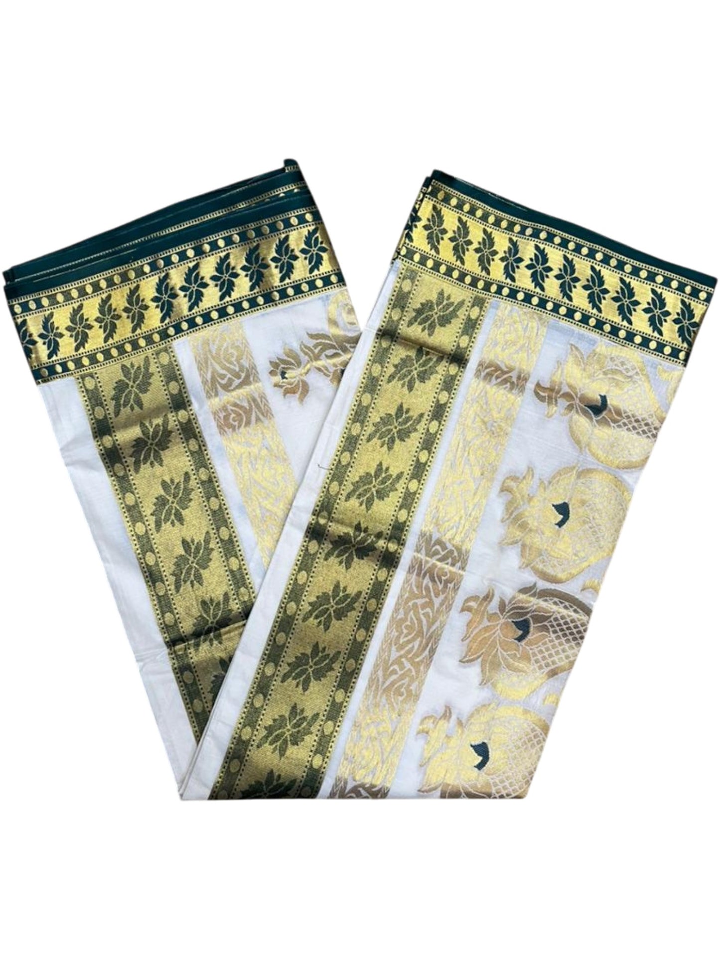 Southloom Pure Cotton Kerala Kasavu Heavy Work Saree with Polka Woven Design on Body in Green SL490