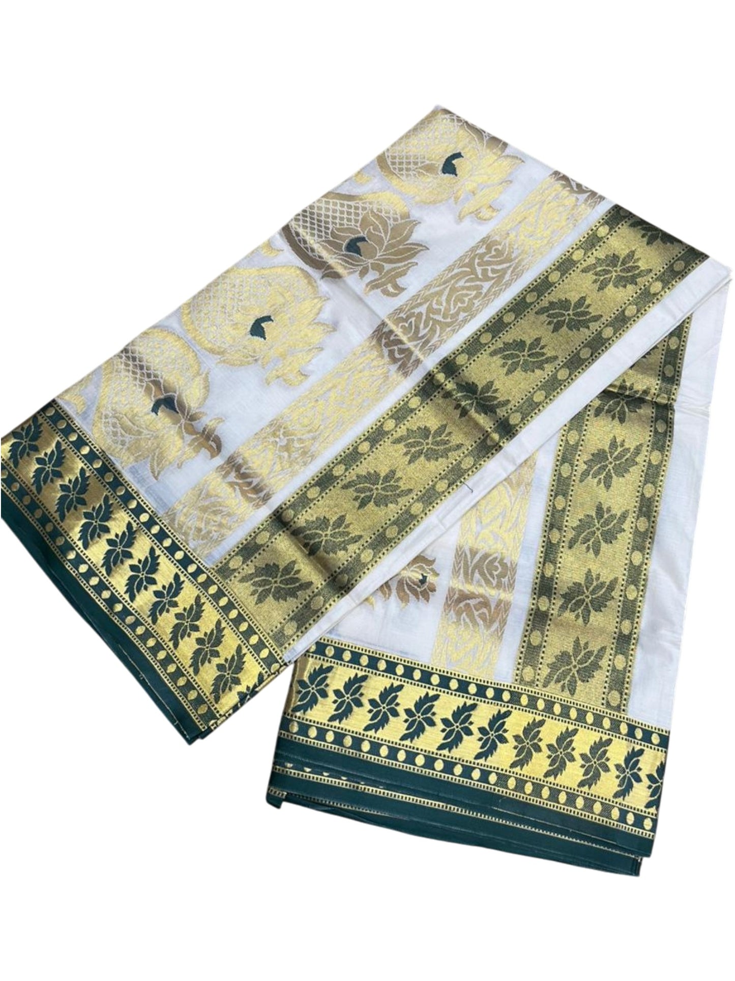 Southloom Pure Cotton Kerala Kasavu Heavy Work Saree with Polka Woven Design on Body in Green SL490