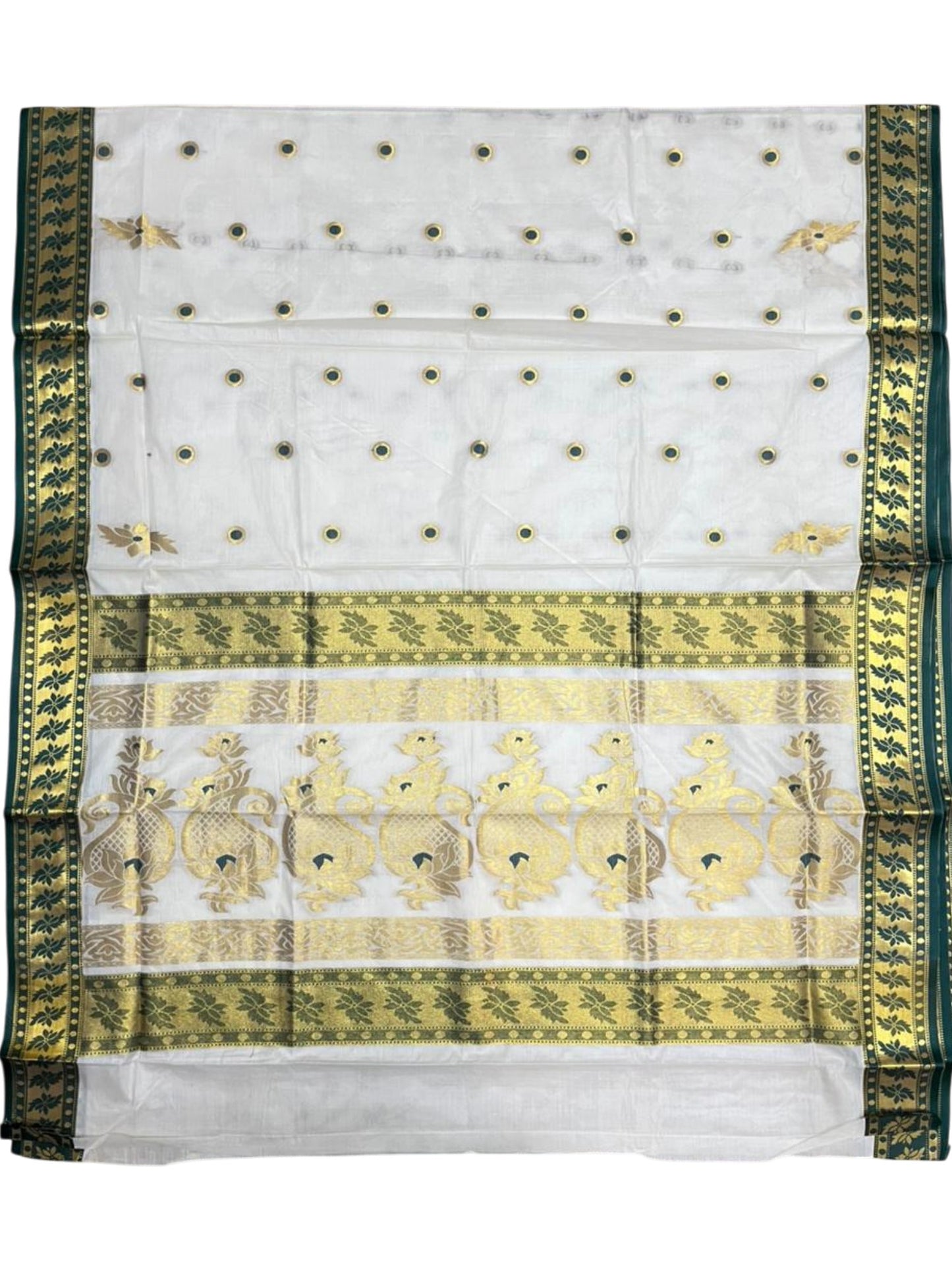 Southloom Pure Cotton Kerala Kasavu Heavy Work Saree with Polka Woven Design on Body in Green SL490