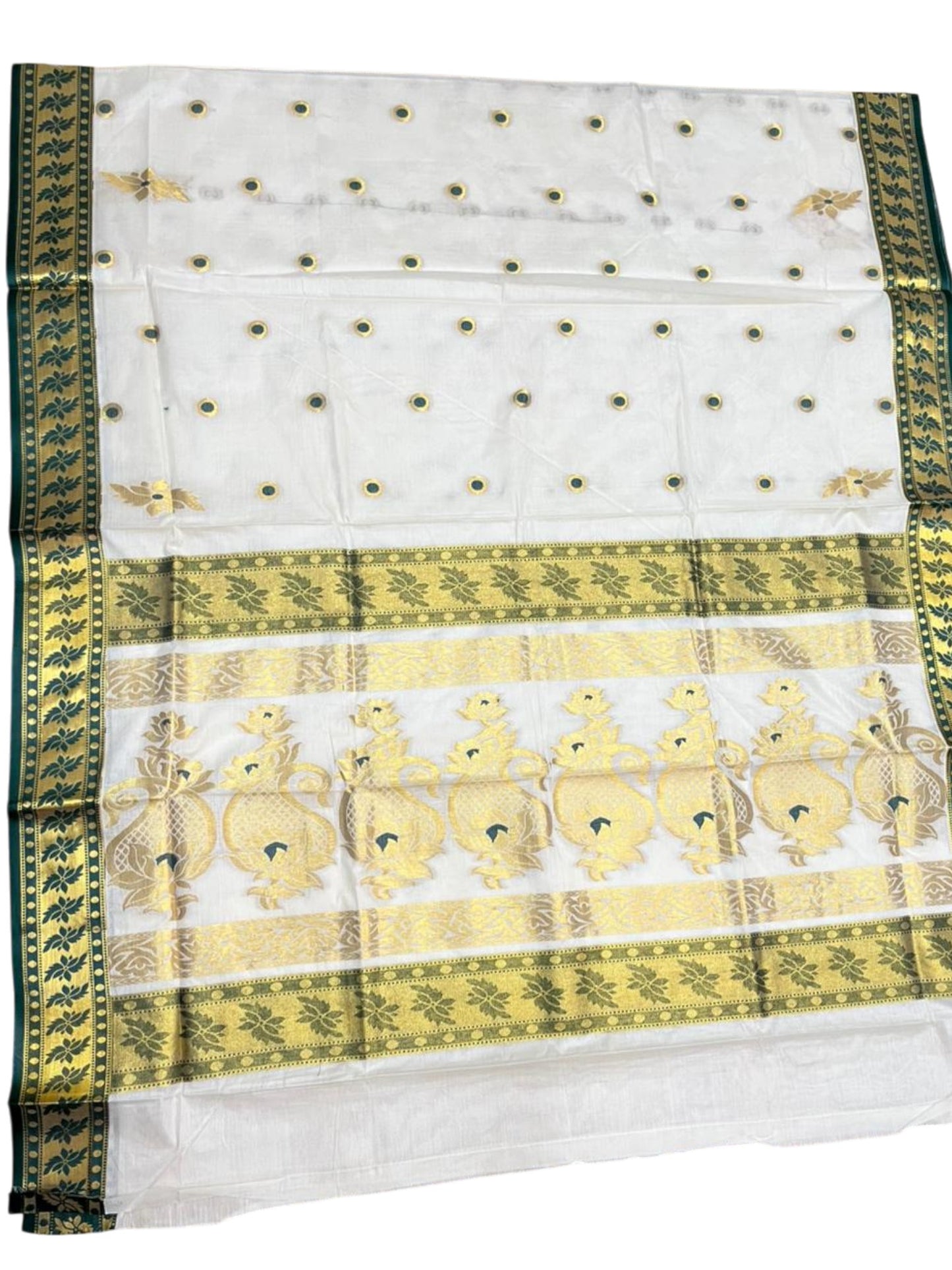 Southloom Pure Cotton Kerala Kasavu Heavy Work Saree with Polka Woven Design on Body in Green SL490
