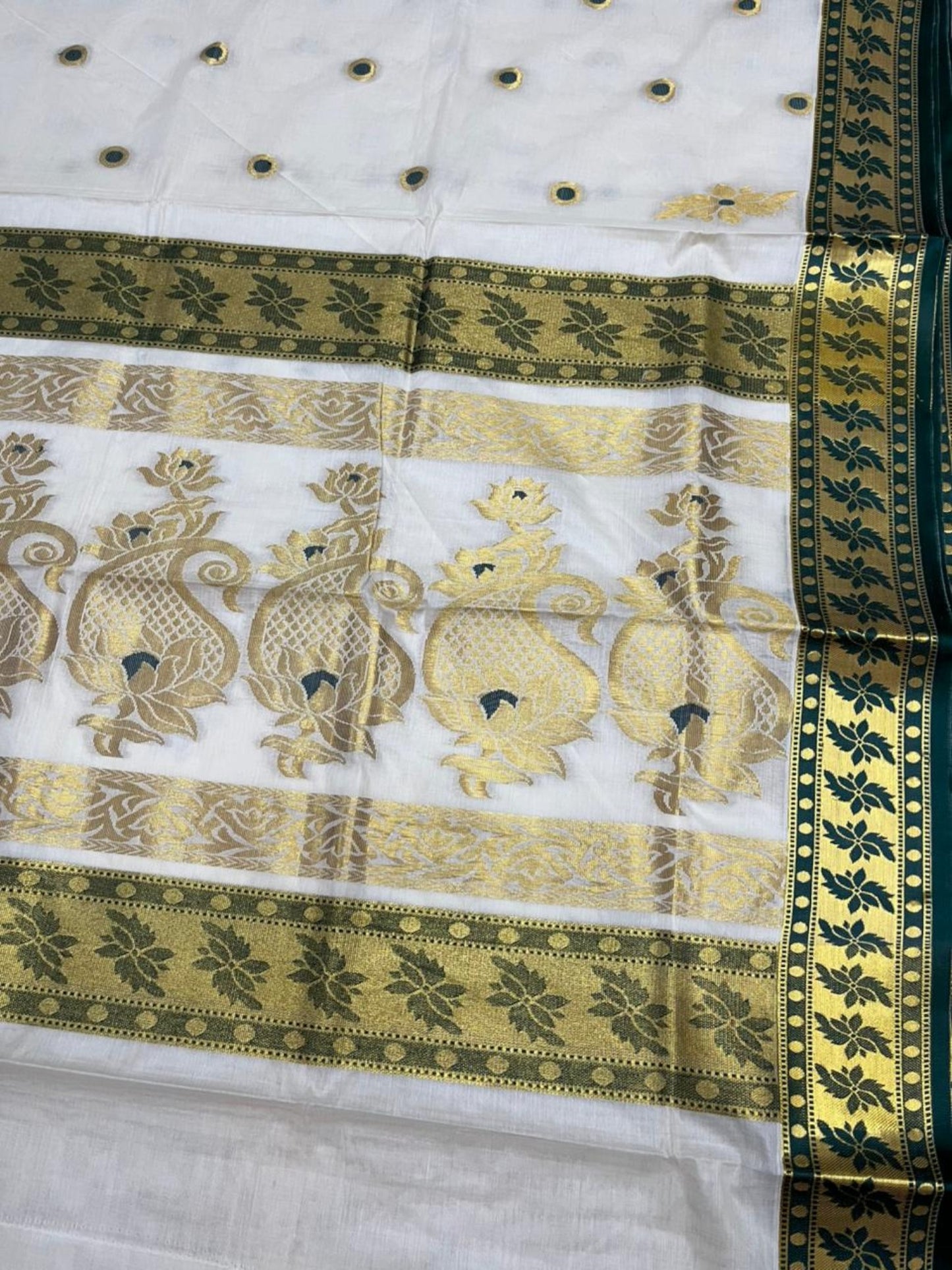 Southloom Pure Cotton Kerala Kasavu Heavy Work Saree with Polka Woven Design on Body in Green SL490