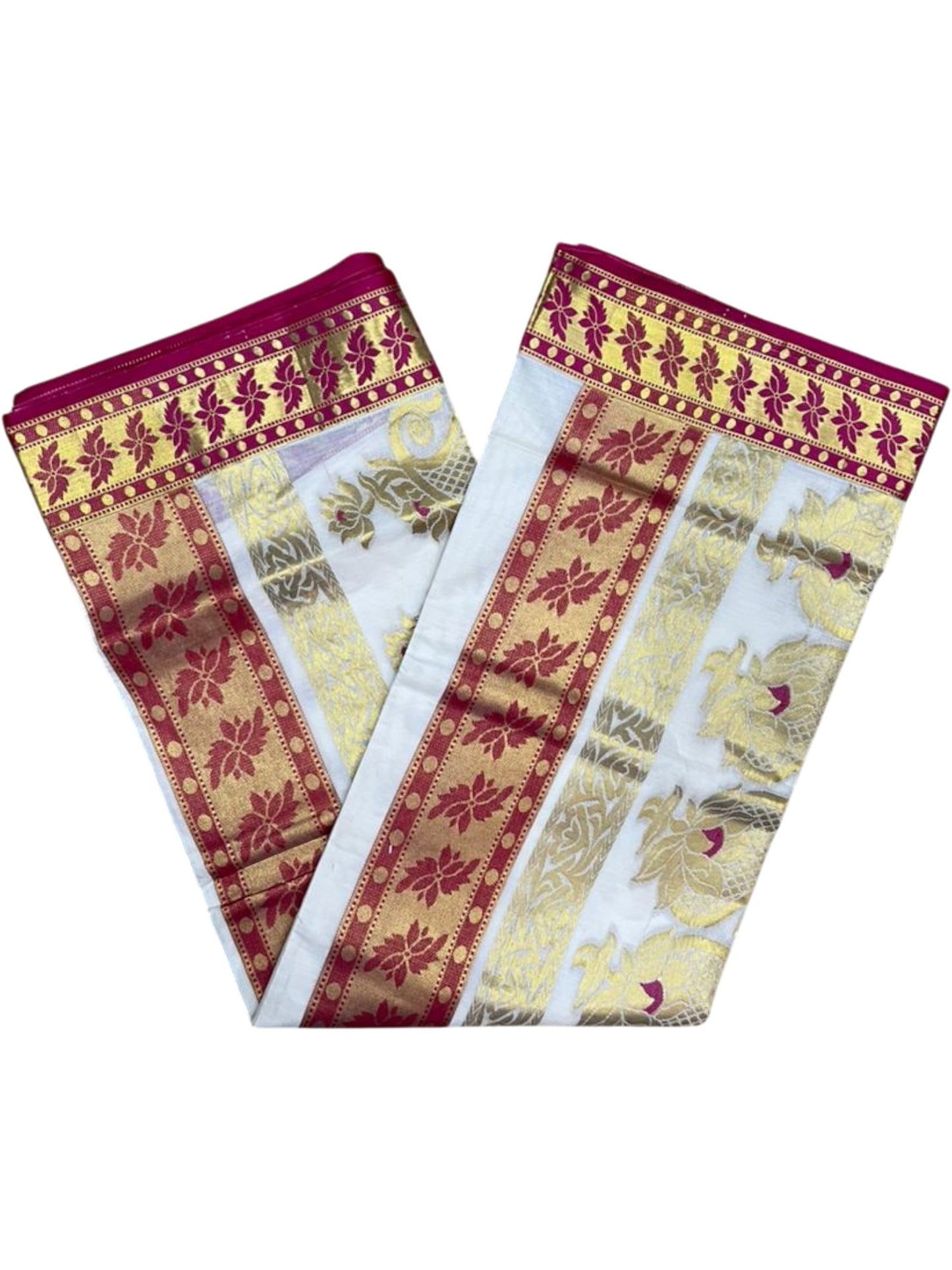 Southloom Pure Cotton Kerala Kasavu Heavy Work Saree with Polka Woven Design on Body in Pink SL490