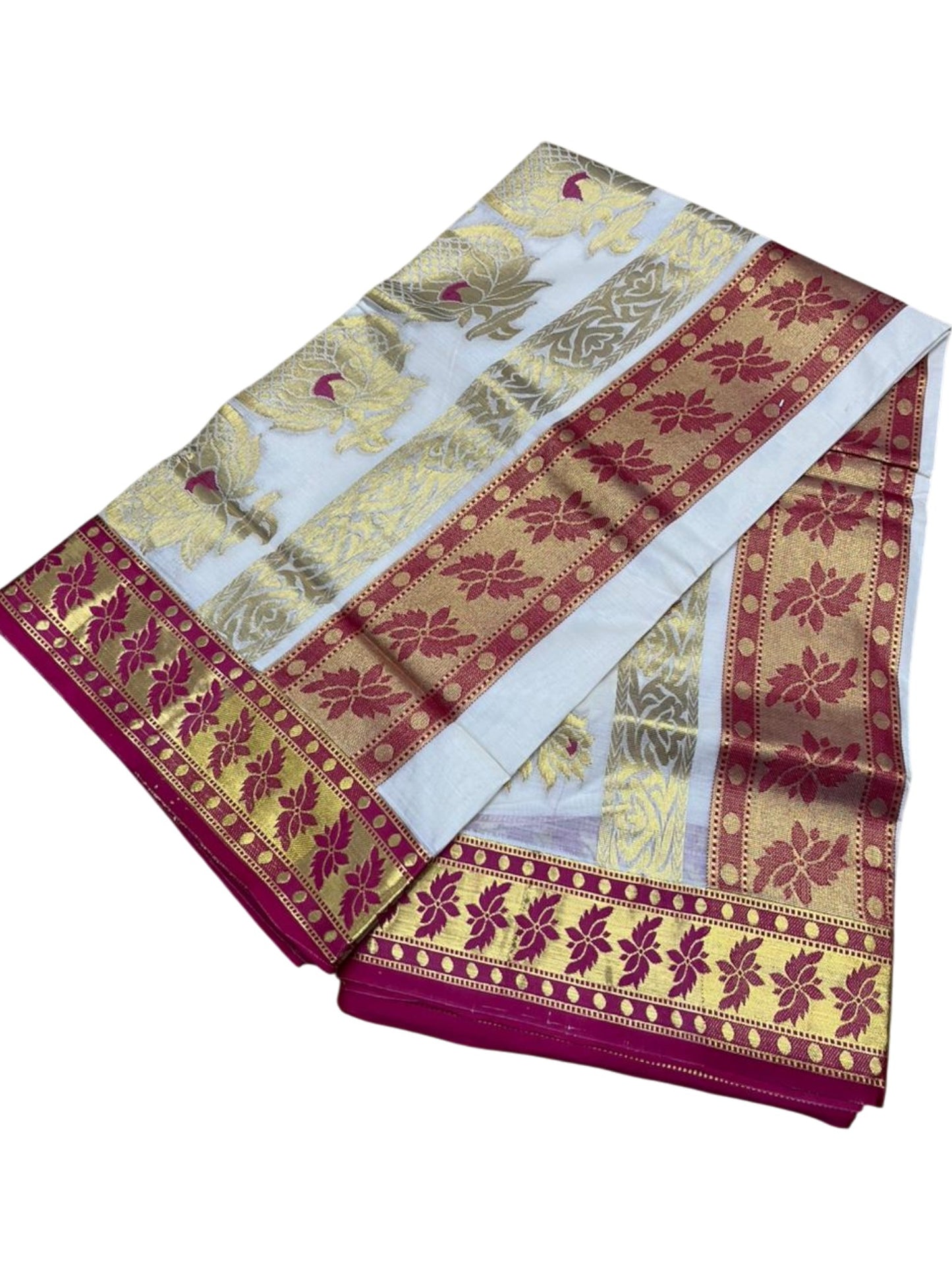 Southloom Pure Cotton Kerala Kasavu Heavy Work Saree with Polka Woven Design on Body in Pink SL490