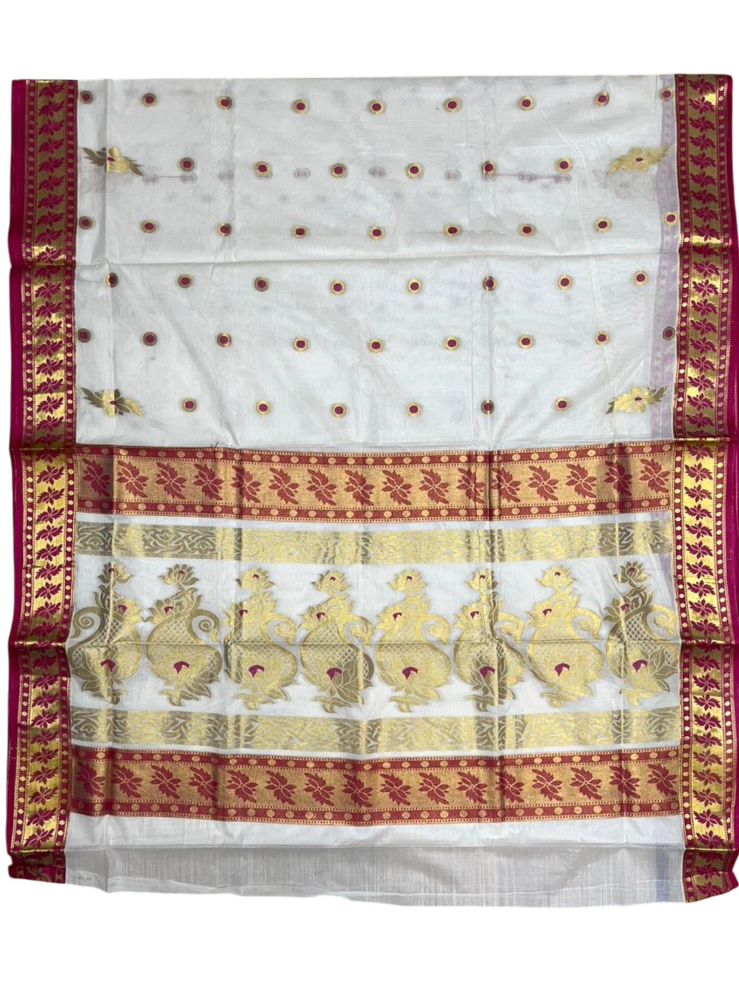 Southloom Pure Cotton Kerala Kasavu Heavy Work Saree with Polka Woven Design on Body in Pink SL490