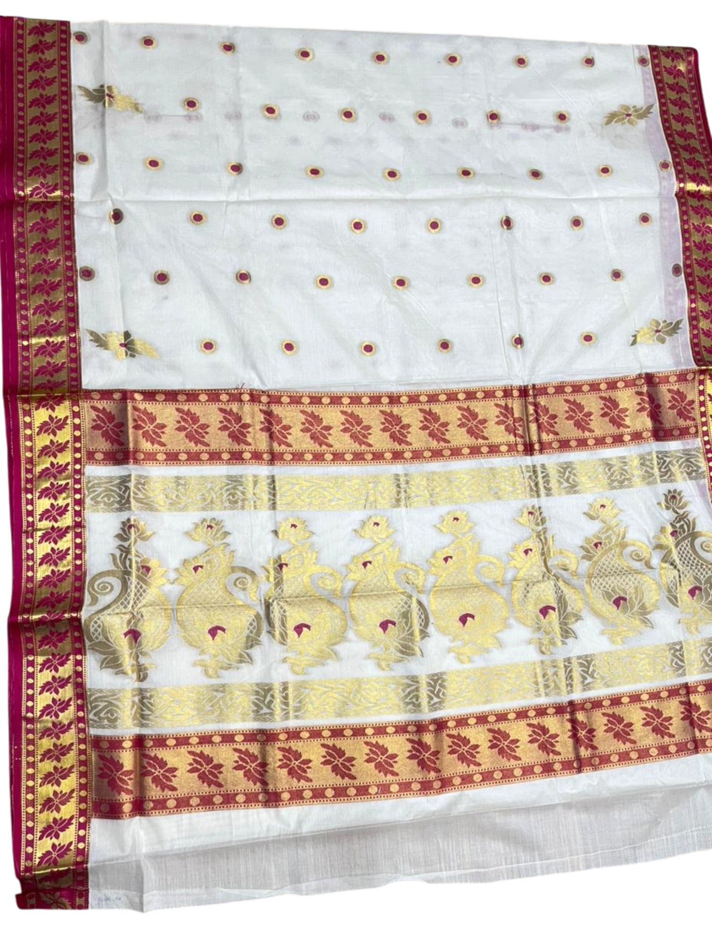Southloom Pure Cotton Kerala Kasavu Heavy Work Saree with Polka Woven Design on Body in Pink SL490
